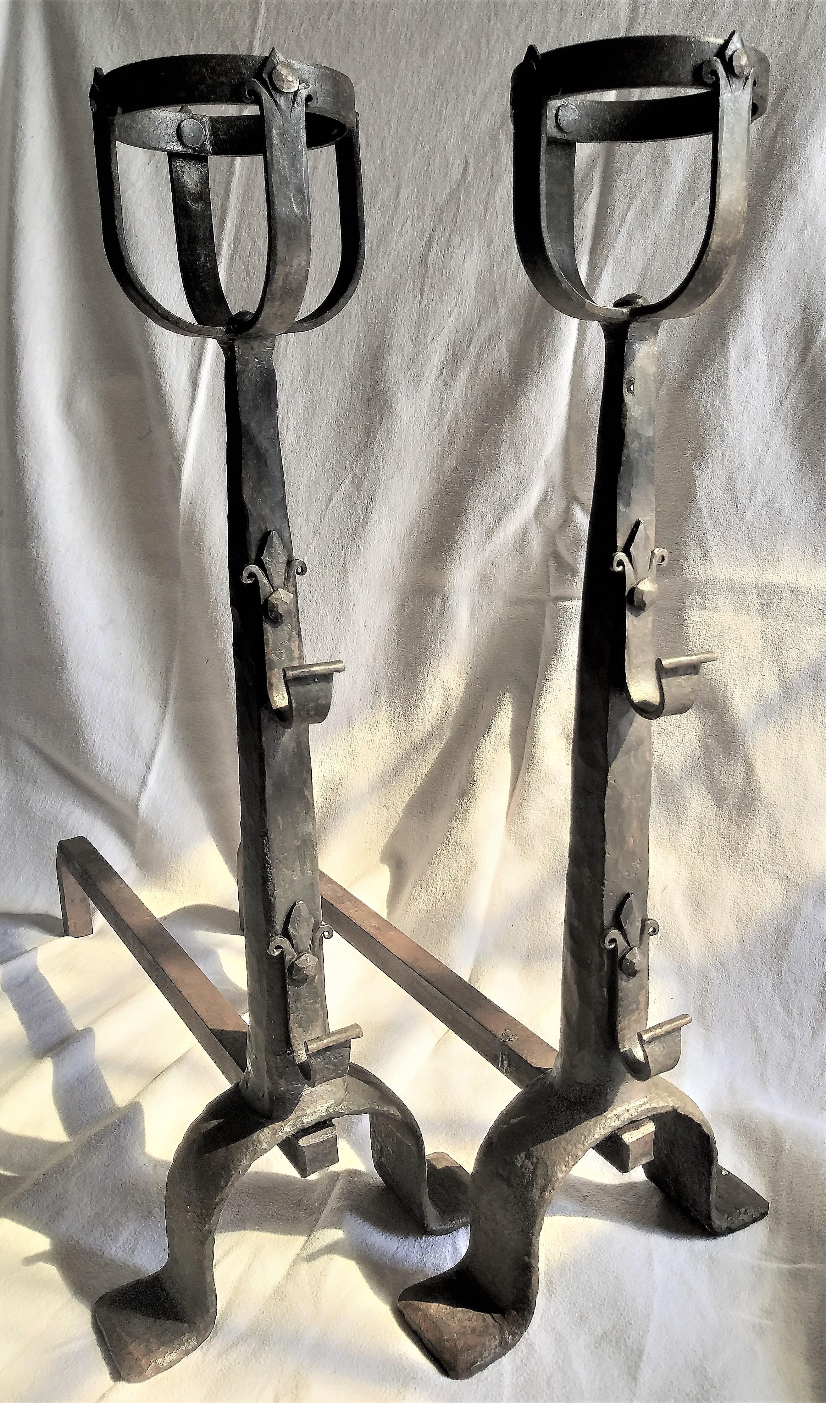 Medieval Large Pair of Iron Endirons or Firedogs For Sale