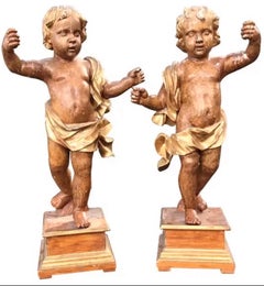 Large Pair Italian 18th Century Polychrome and Giltwood Cherub / Angels