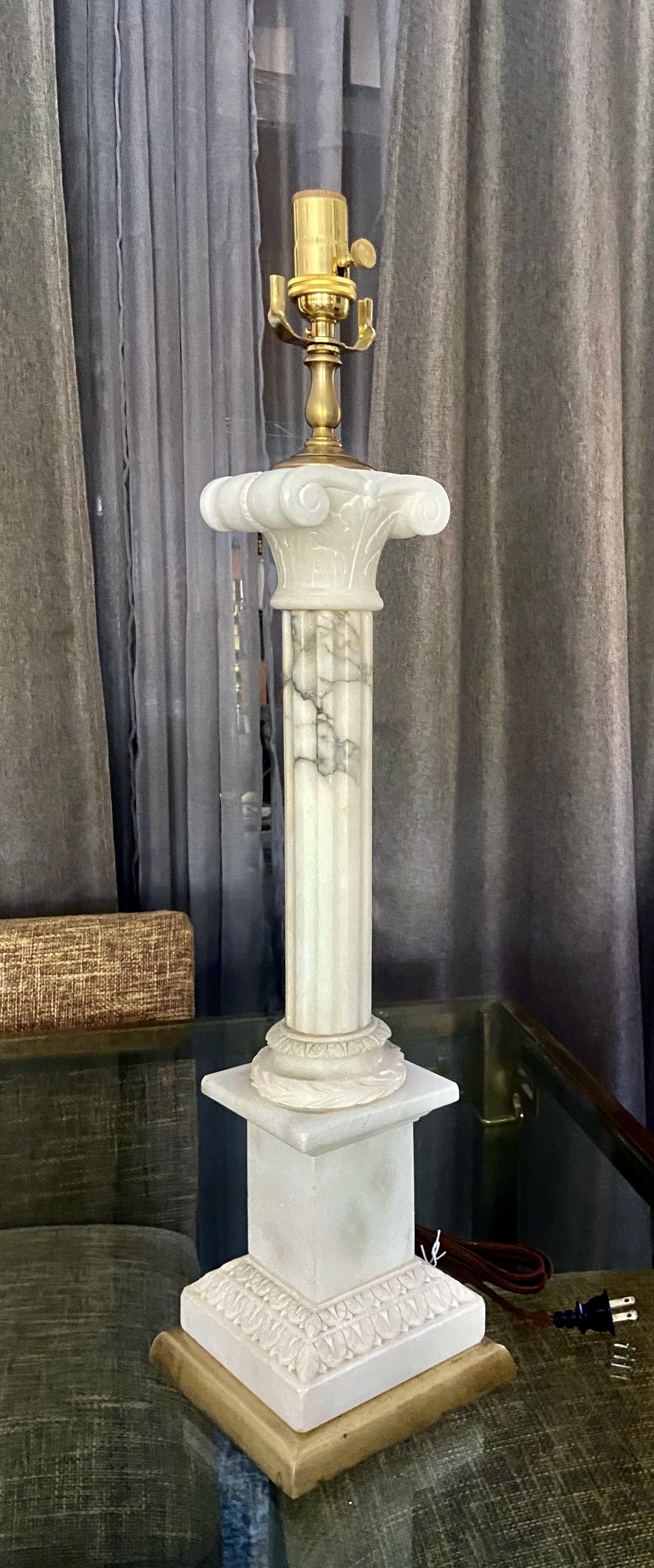 Large Pair Italian Column Neoclassic Alabaster Table Lamps For Sale 2