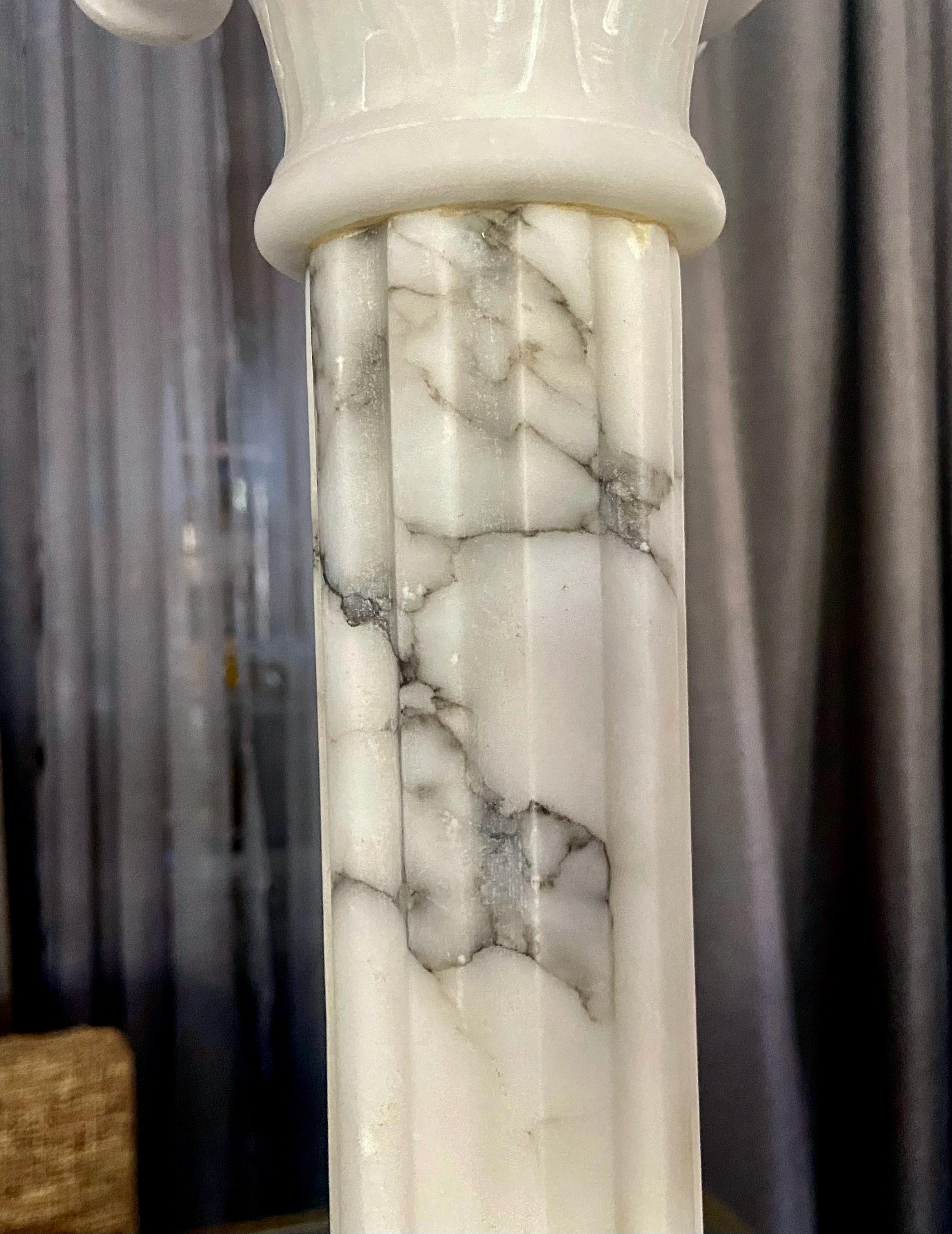 Large Pair Italian Column Neoclassic Alabaster Table Lamps For Sale 3