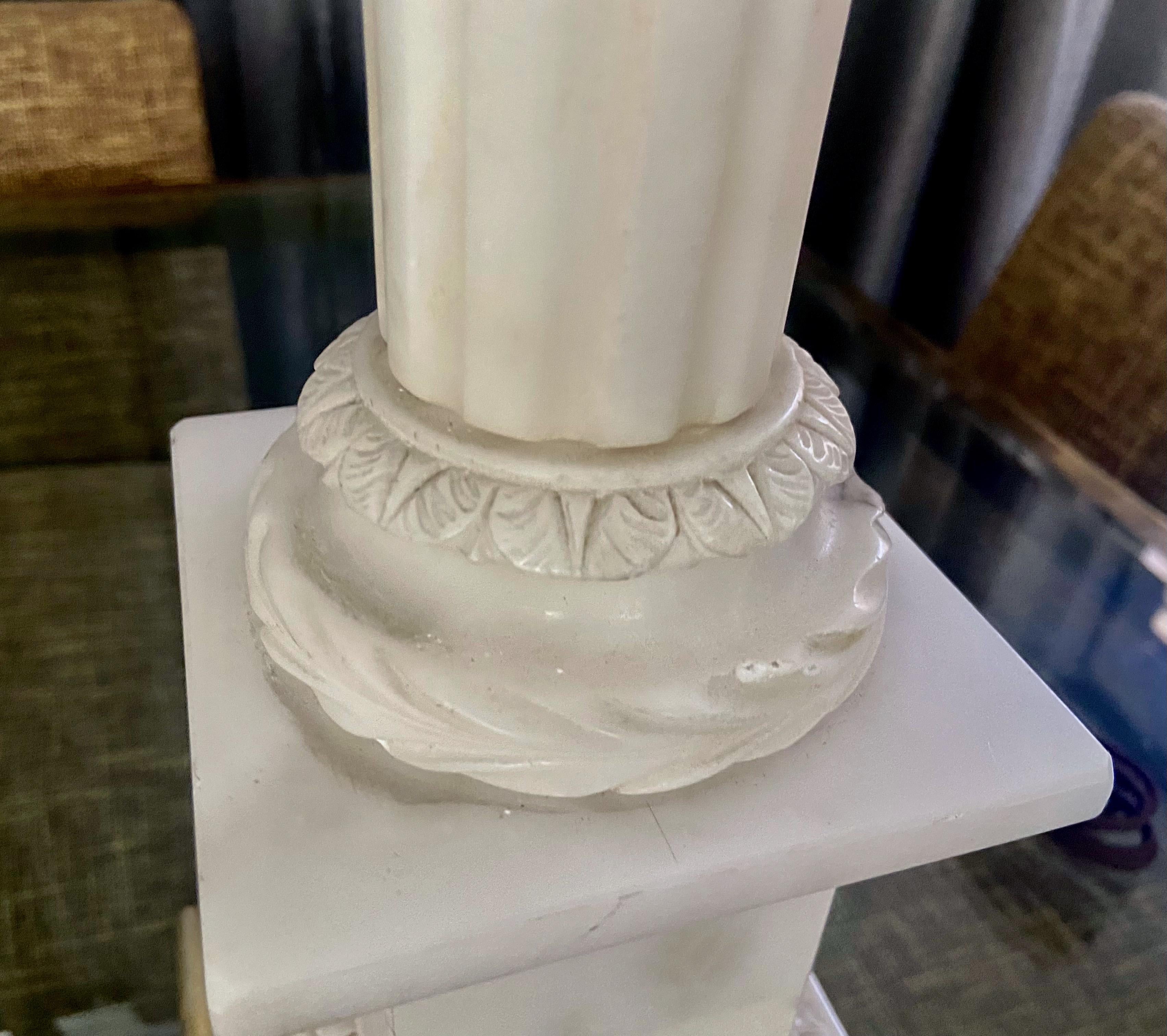Large Pair Italian Column Neoclassic Alabaster Table Lamps For Sale 4