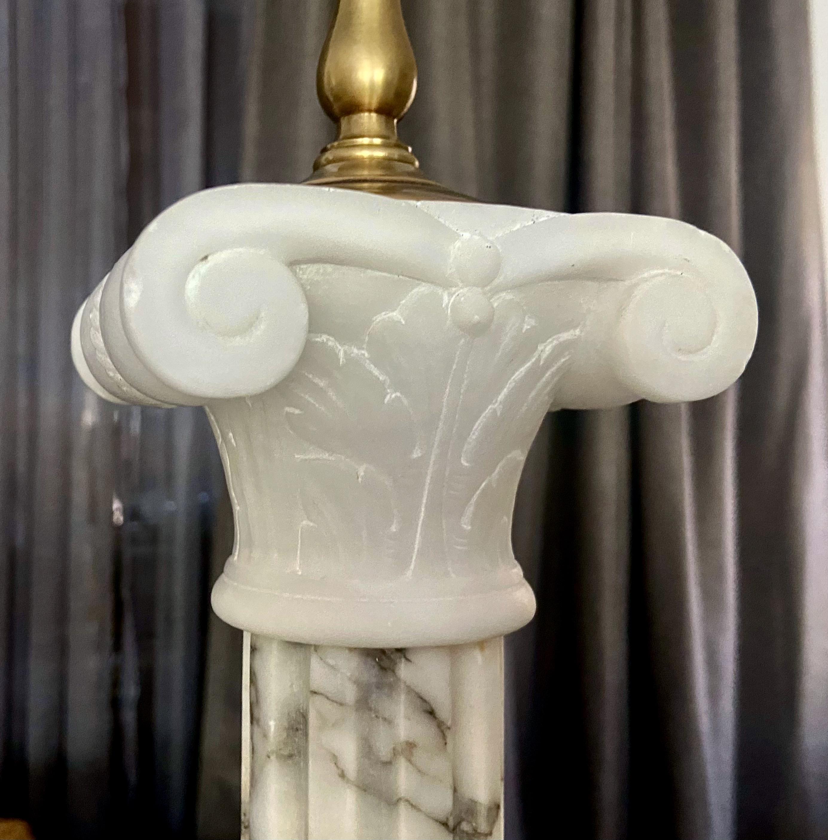 Large Pair Italian Column Neoclassic Alabaster Table Lamps For Sale 5