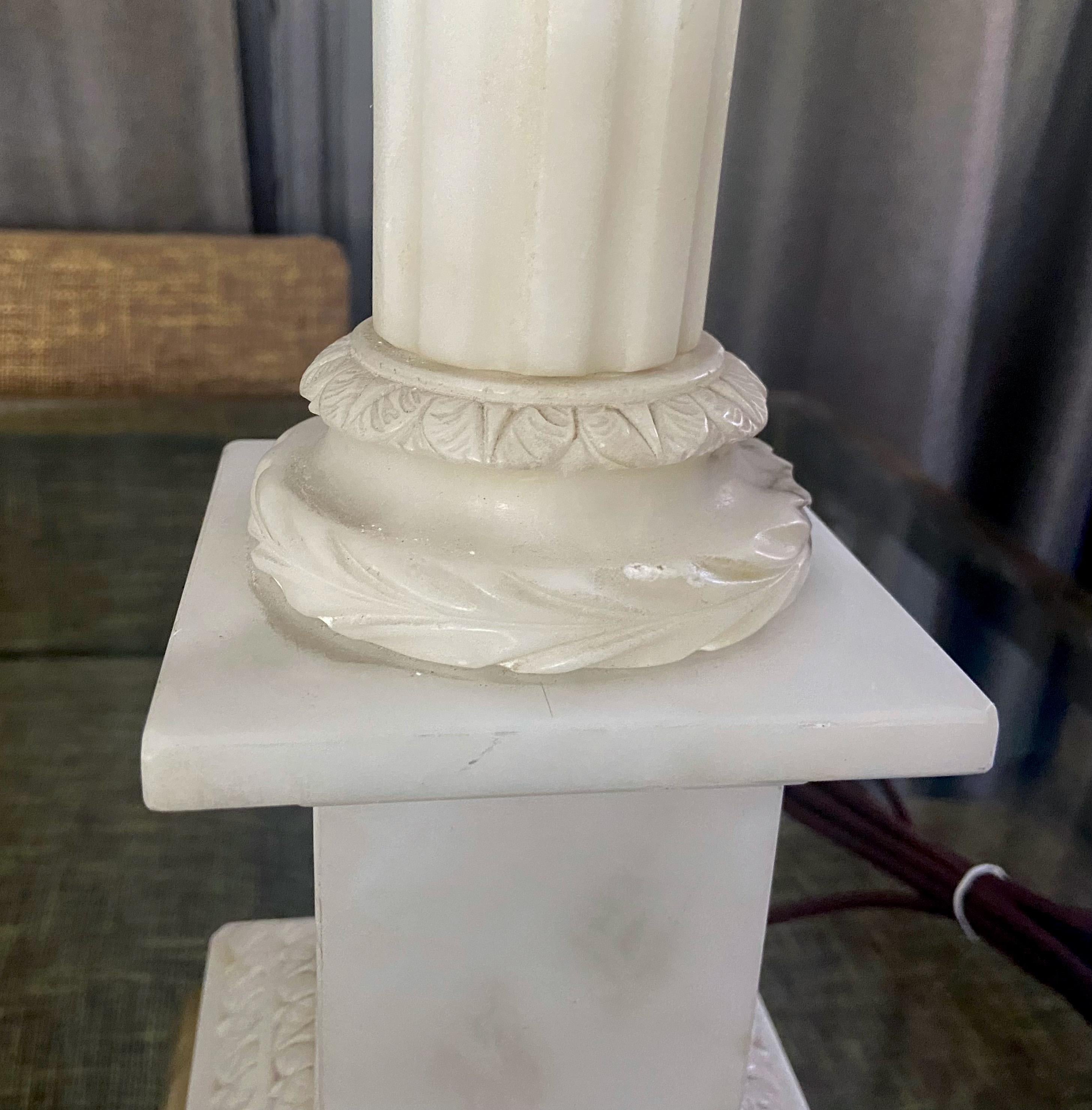 Large Pair Italian Column Neoclassic Alabaster Table Lamps For Sale 7