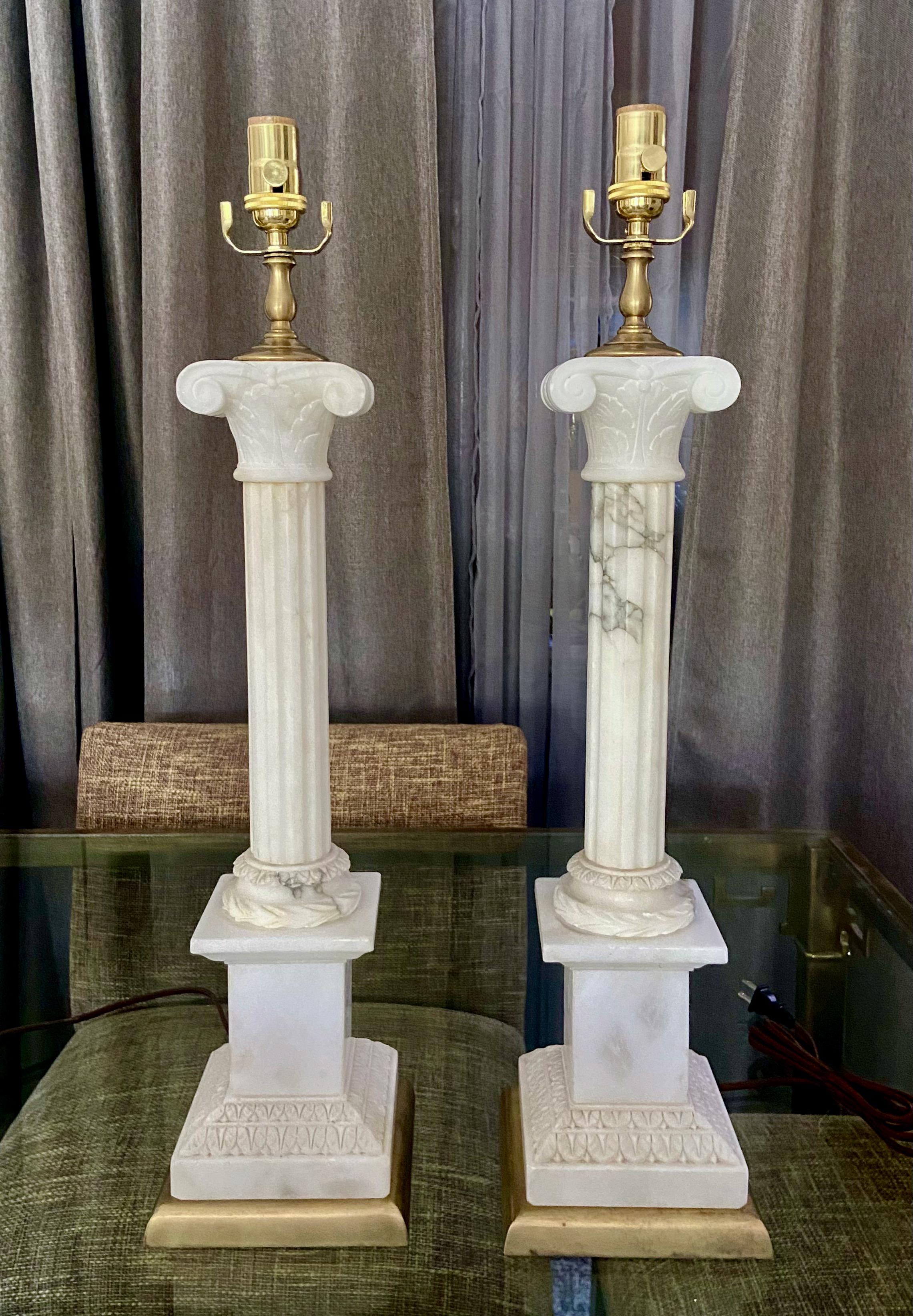 Large Pair Italian Column Neoclassic Alabaster Table Lamps For Sale 10