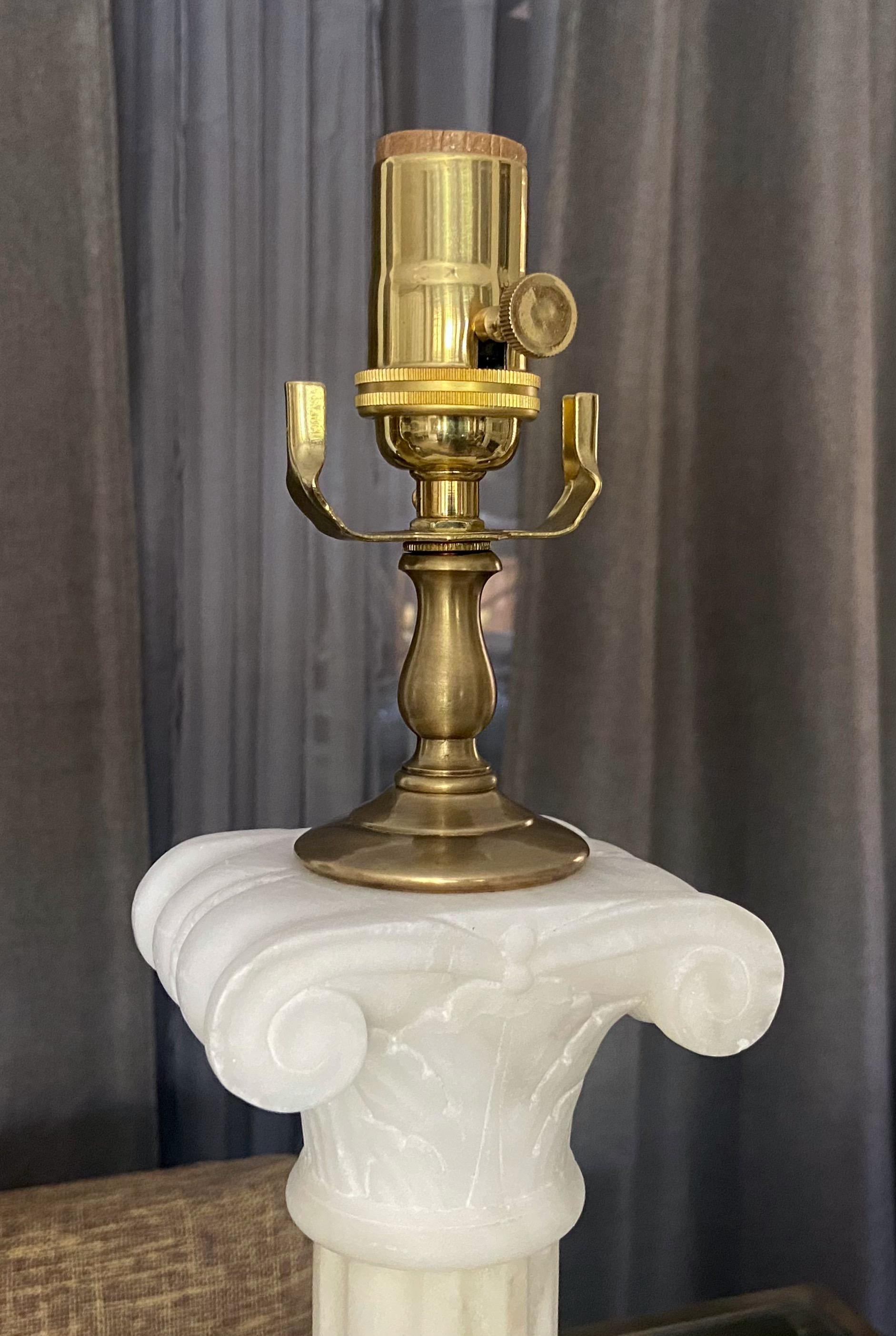 Large Pair Italian Column Neoclassic Alabaster Table Lamps For Sale 11