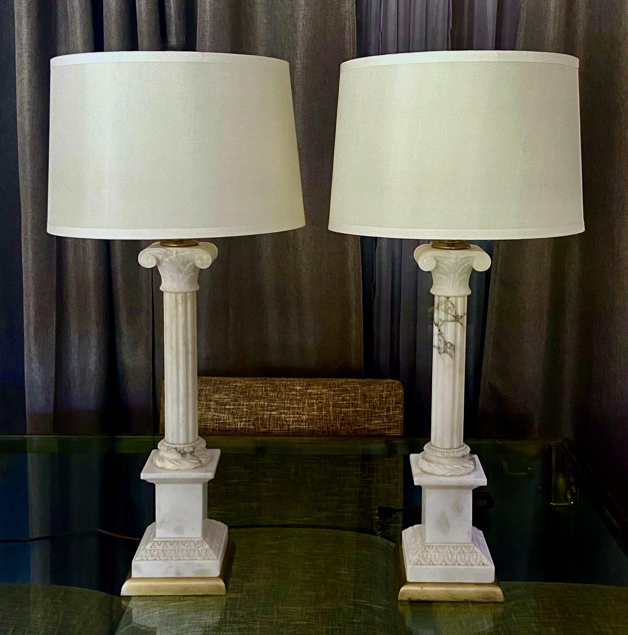 Large Pair Italian Column Neoclassic Alabaster Table Lamps For Sale 12