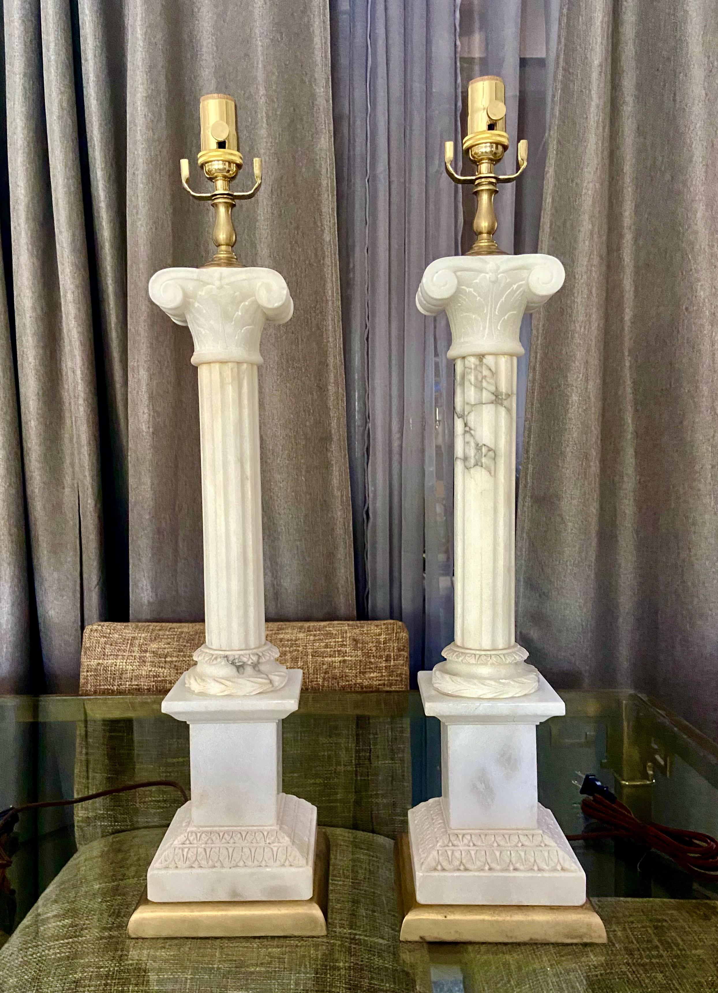 Classical Greek Large Pair Italian Column Neoclassic Alabaster Table Lamps For Sale