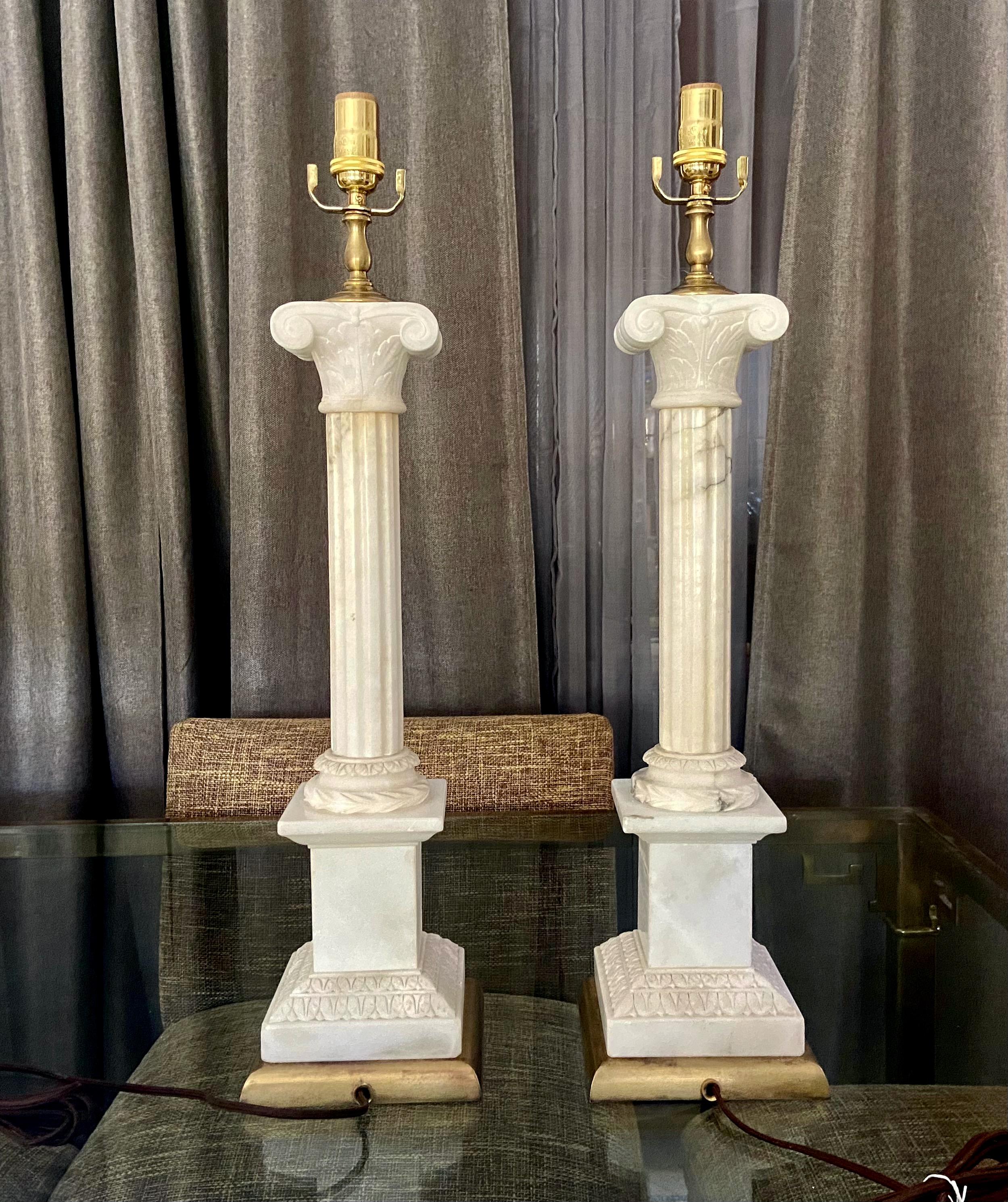 Mid-20th Century Large Pair Italian Column Neoclassic Alabaster Table Lamps For Sale