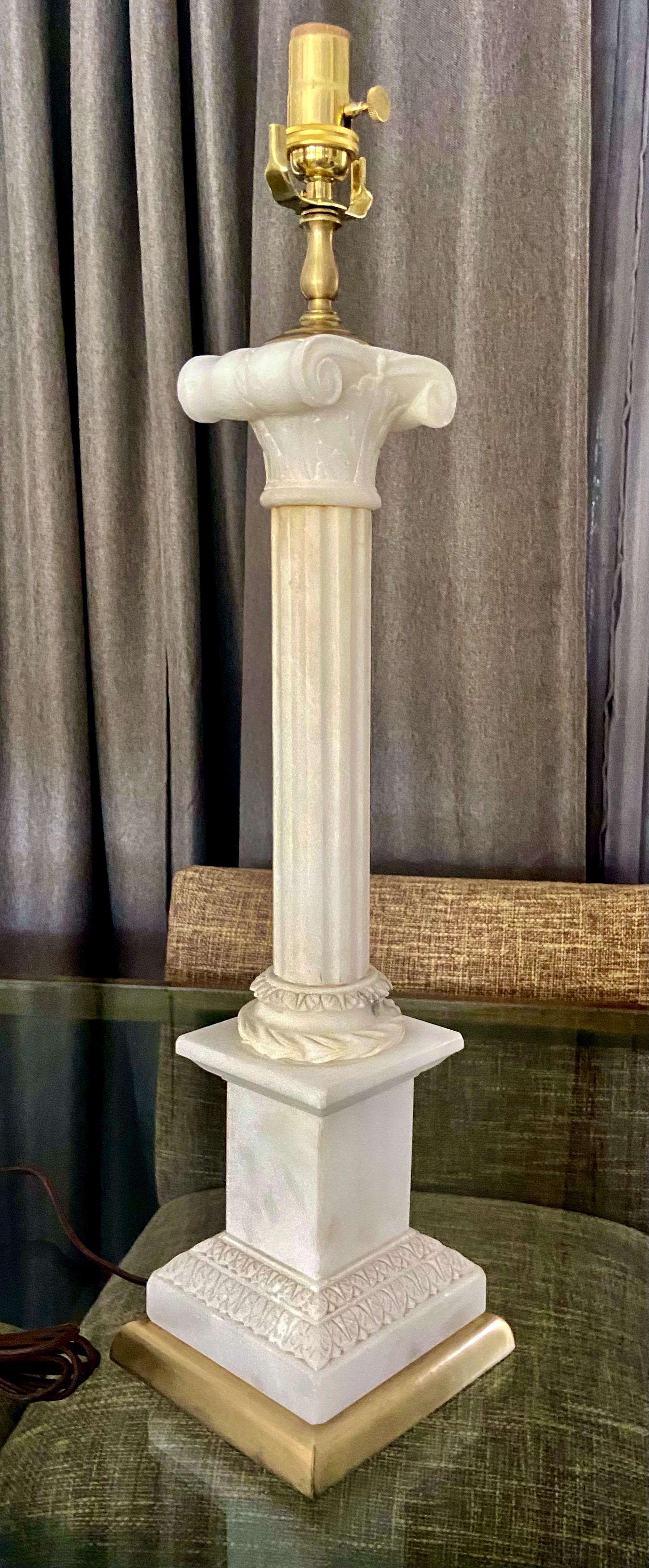 Brass Large Pair Italian Column Neoclassic Alabaster Table Lamps For Sale