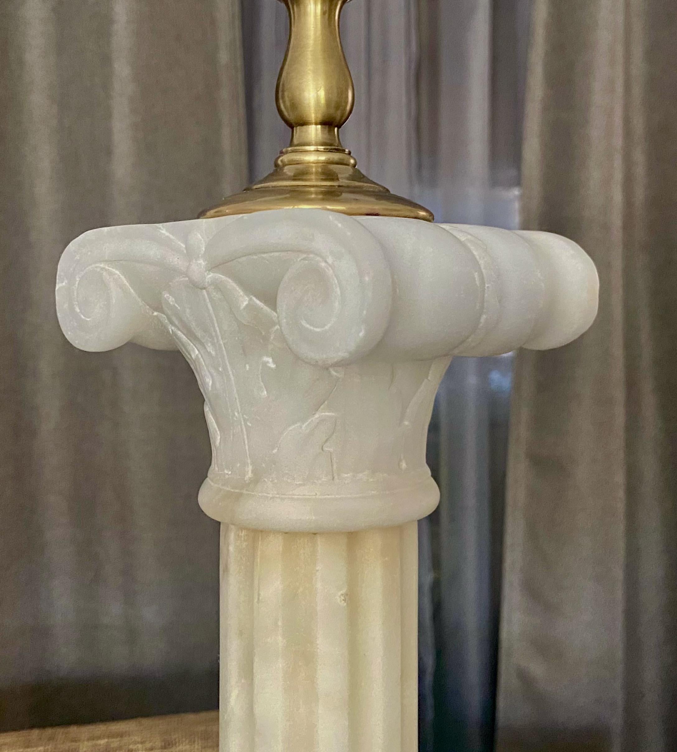Large Pair Italian Column Neoclassic Alabaster Table Lamps For Sale 1