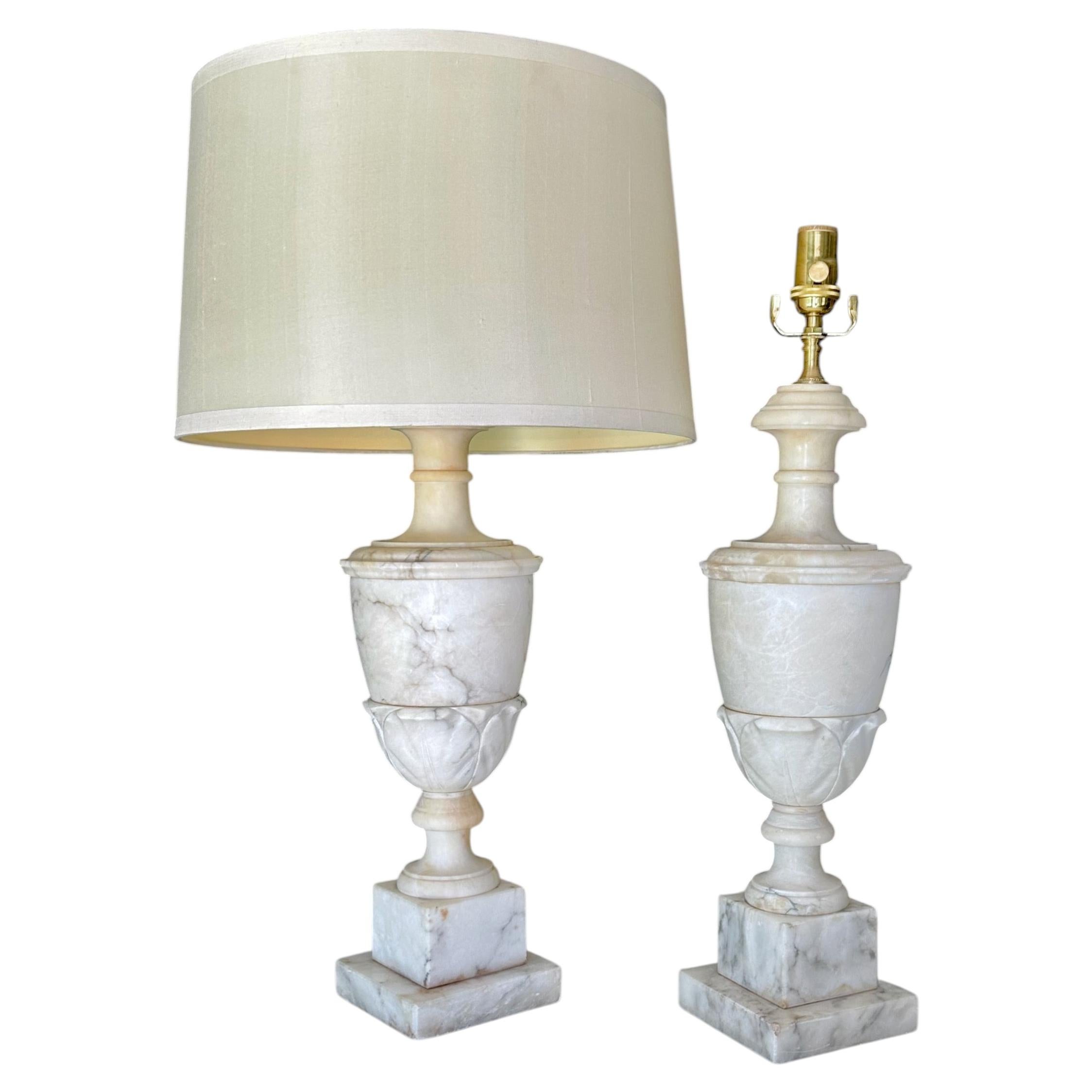 Large Pair Italian Column Neoclassical Alabaster Table Lamps