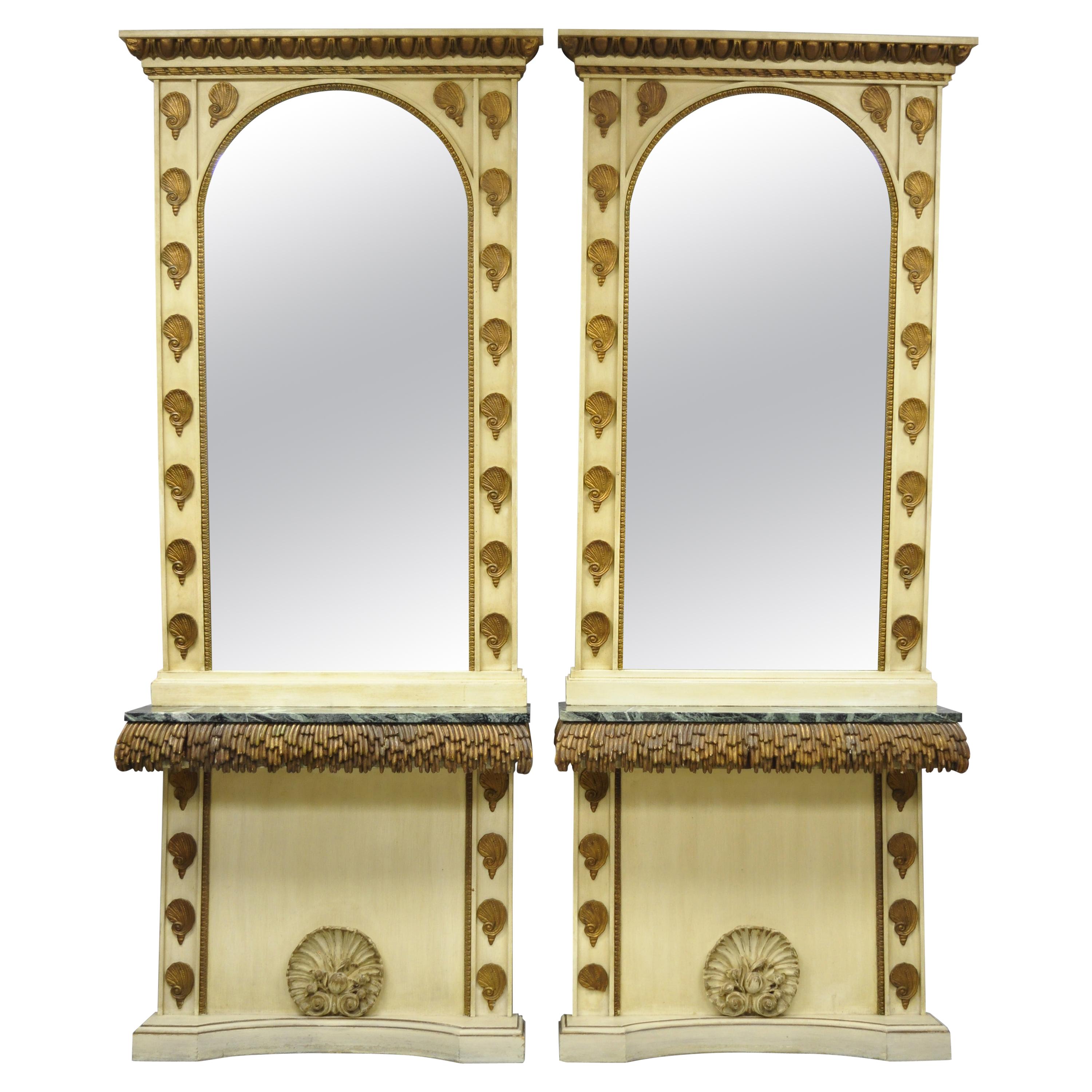 Grande paire de consoles italiennes Hollywood Regency en coquillage et marbre, table d'entrée et miroir