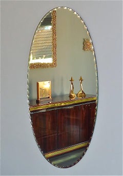 Large Pair Italian Midcentury Oval Mirrors Faceted Crystal Glass Fontana Arte