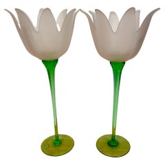 Large Pair Italian Murano Glass Figural Tulip Vases / Candlesticks