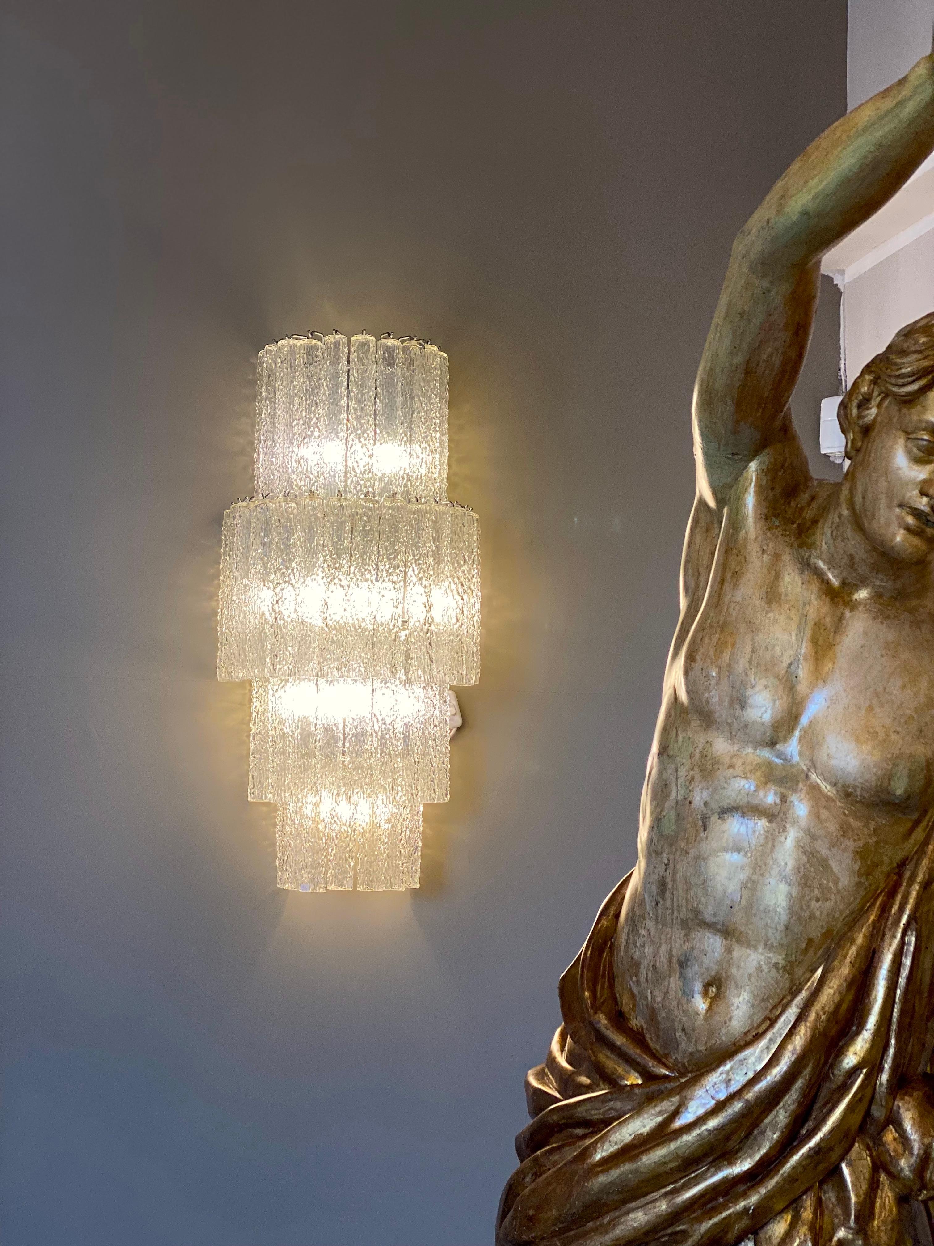 Late 20th Century Large Pair Italian Murano Glass Sconces or Wall Lights Attr. Venini, 1970 For Sale
