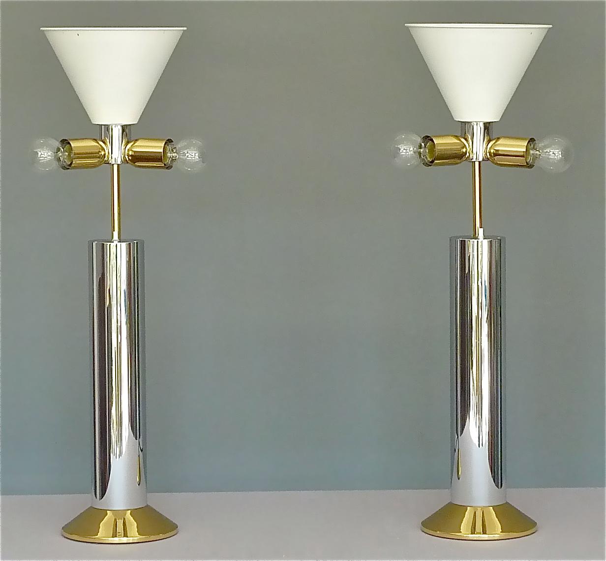 Large Pair Italian Table Lamps Rizzo Rega Crespi Style Chrome Gilt Brass 1970s 13
