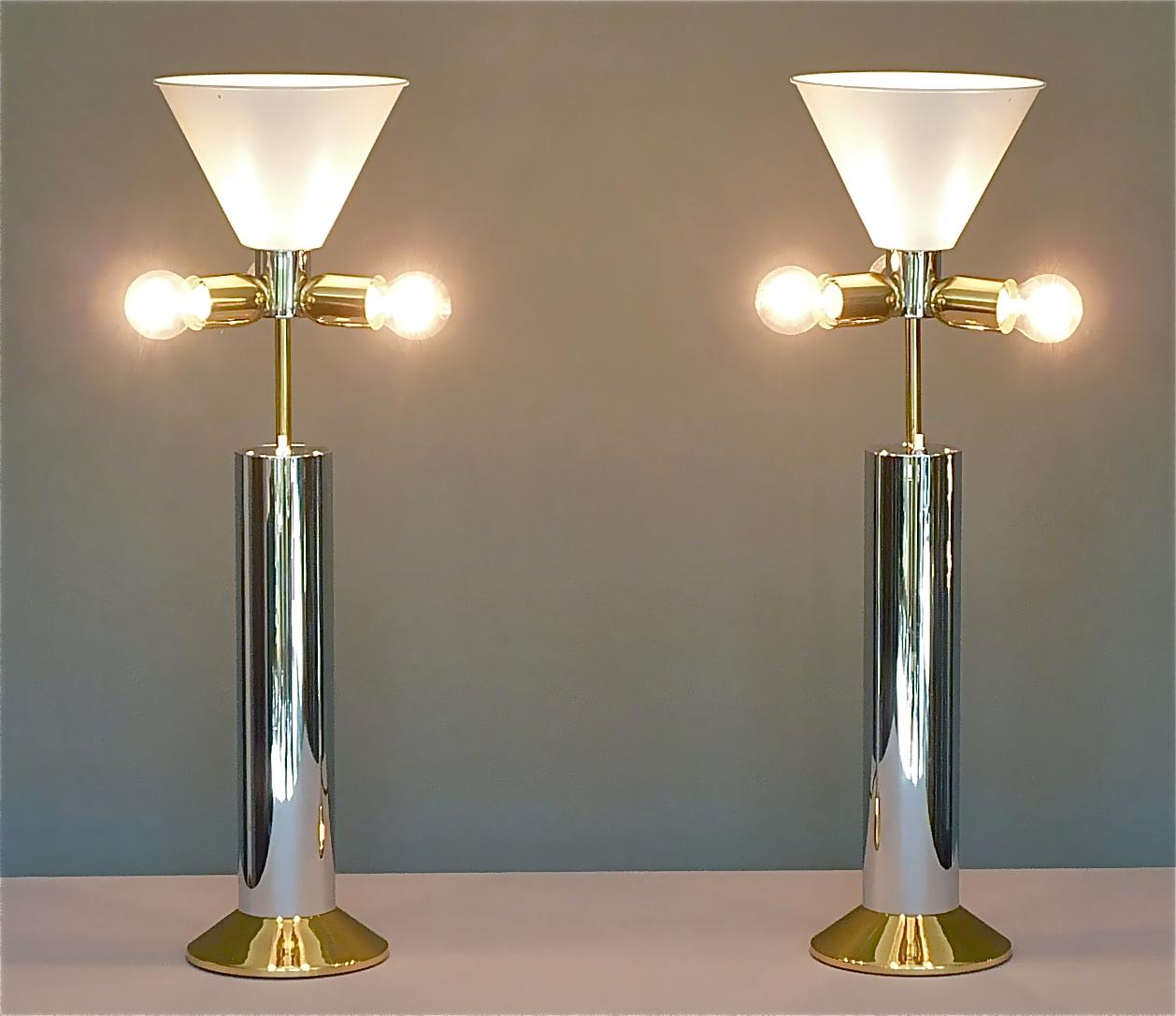 Large Pair Italian Table Lamps Rizzo Rega Crespi Style Chrome Gilt Brass 1970s 14