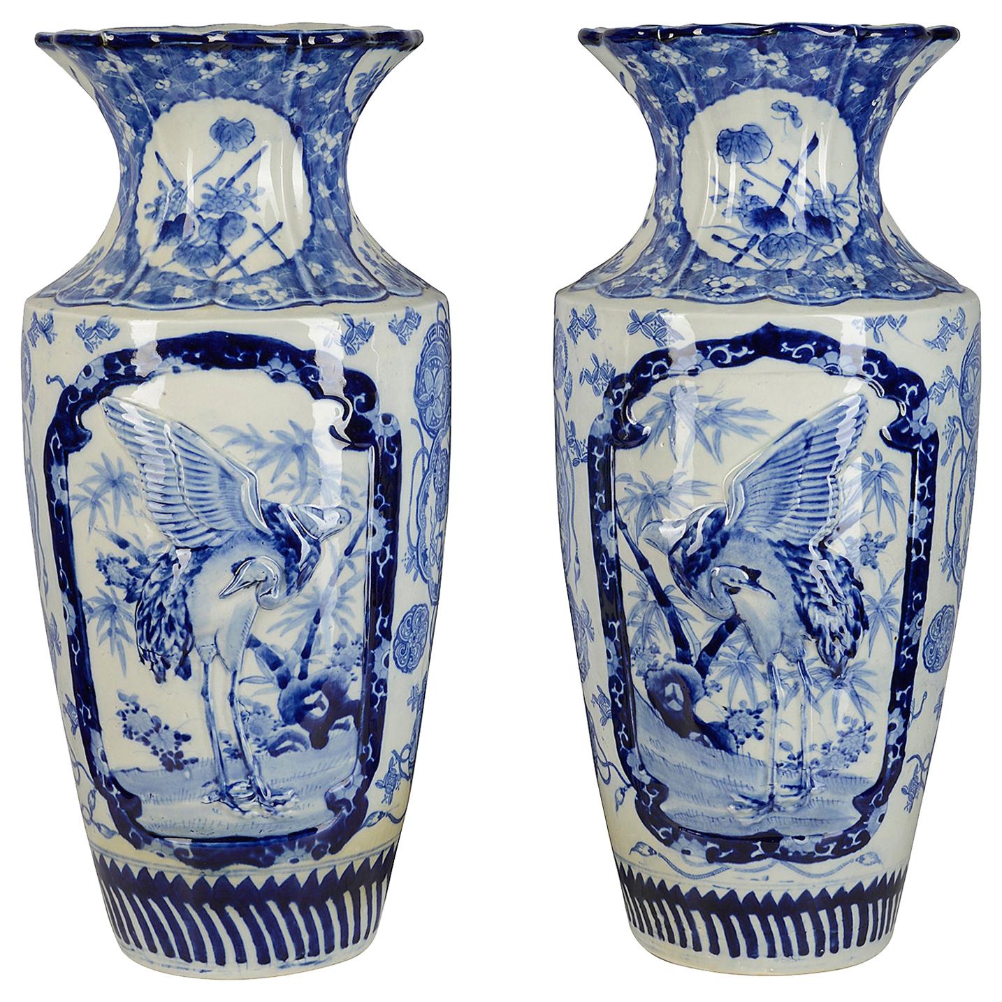 Large Pair of Japanese Blue and White Vases, circa 1890