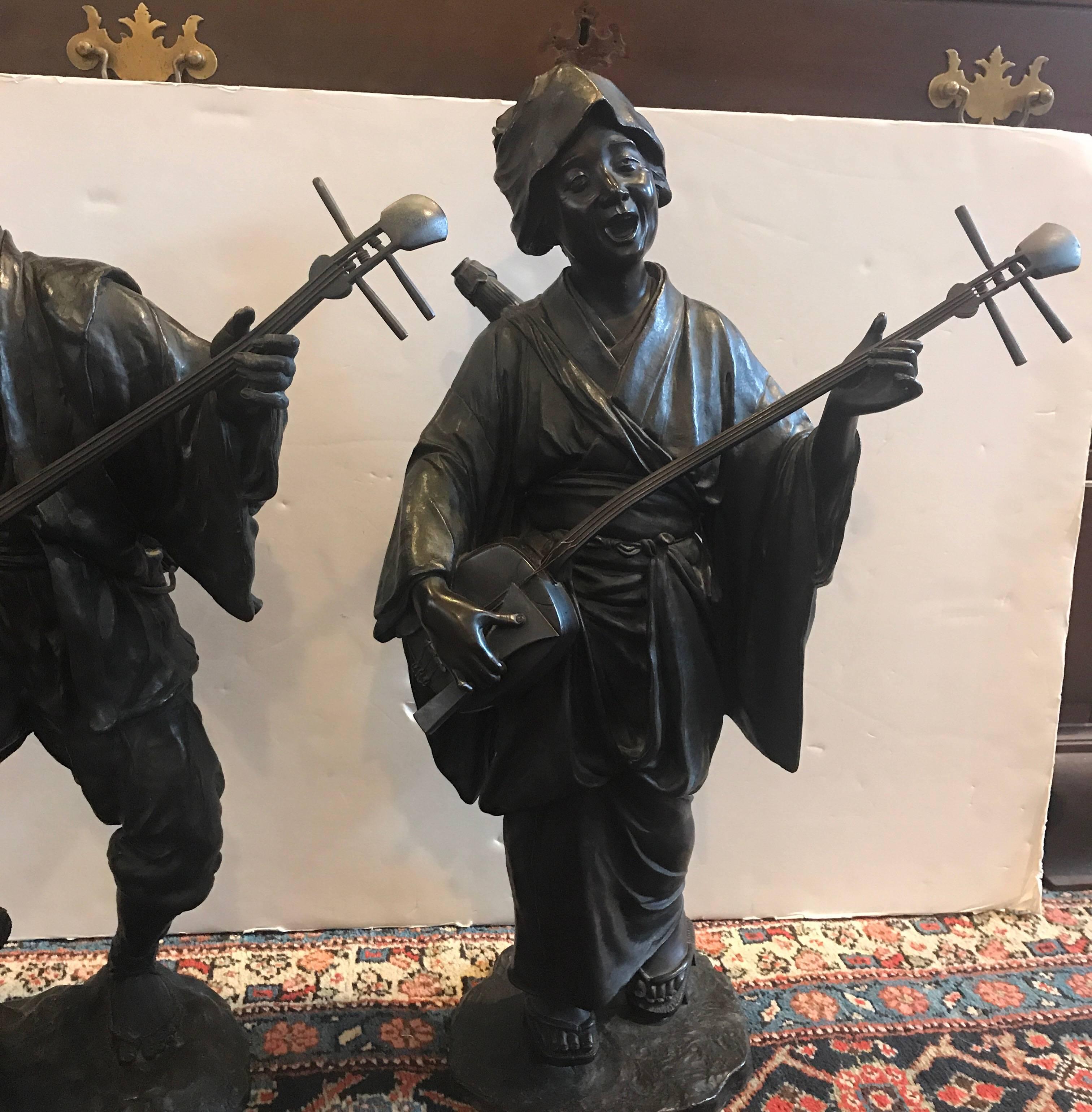 Asian Large Pair of Japanese Bronze Musician Sculptures Meiji Period