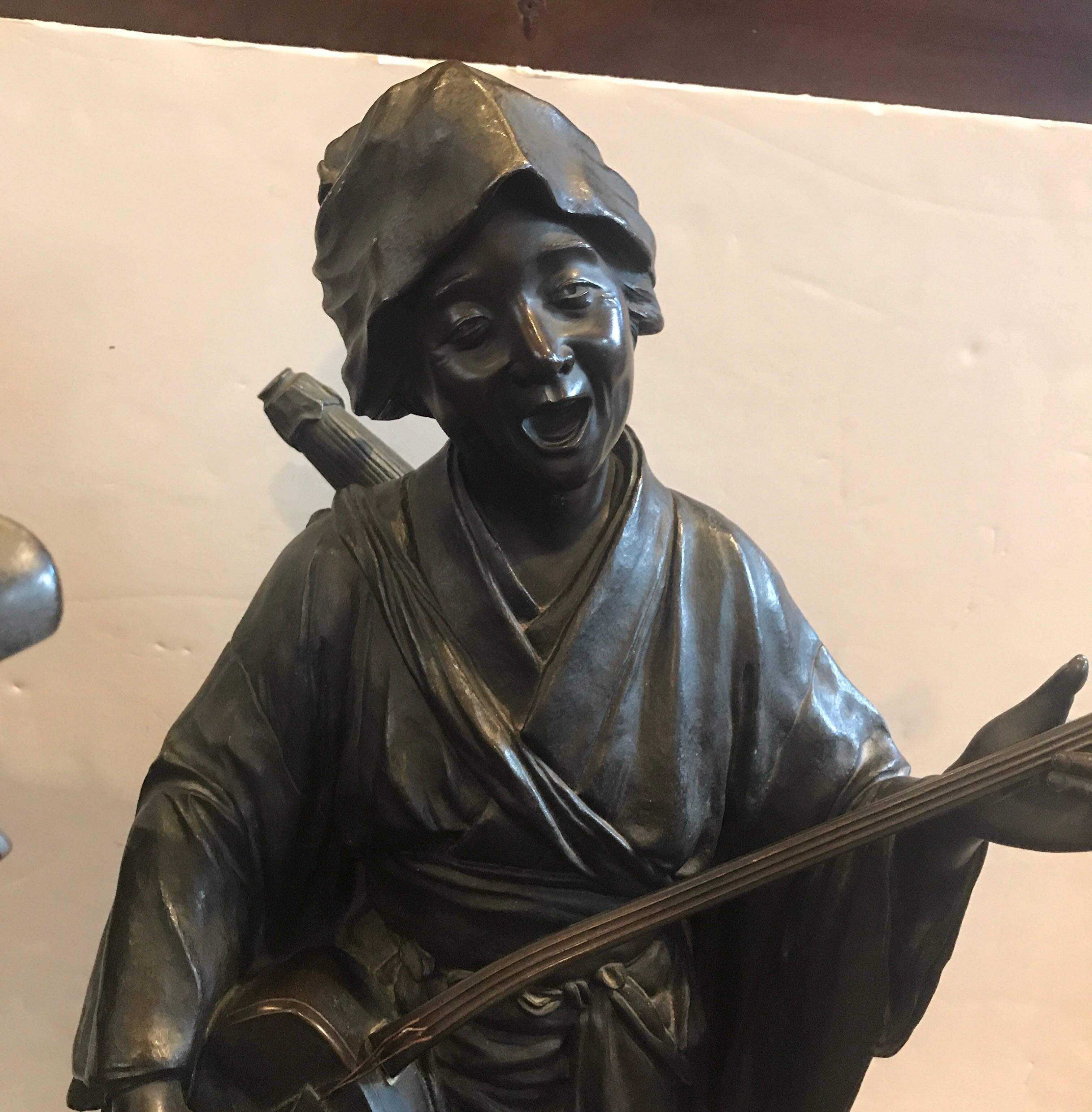 Late 19th Century Large Pair of Japanese Bronze Musician Sculptures Meiji Period