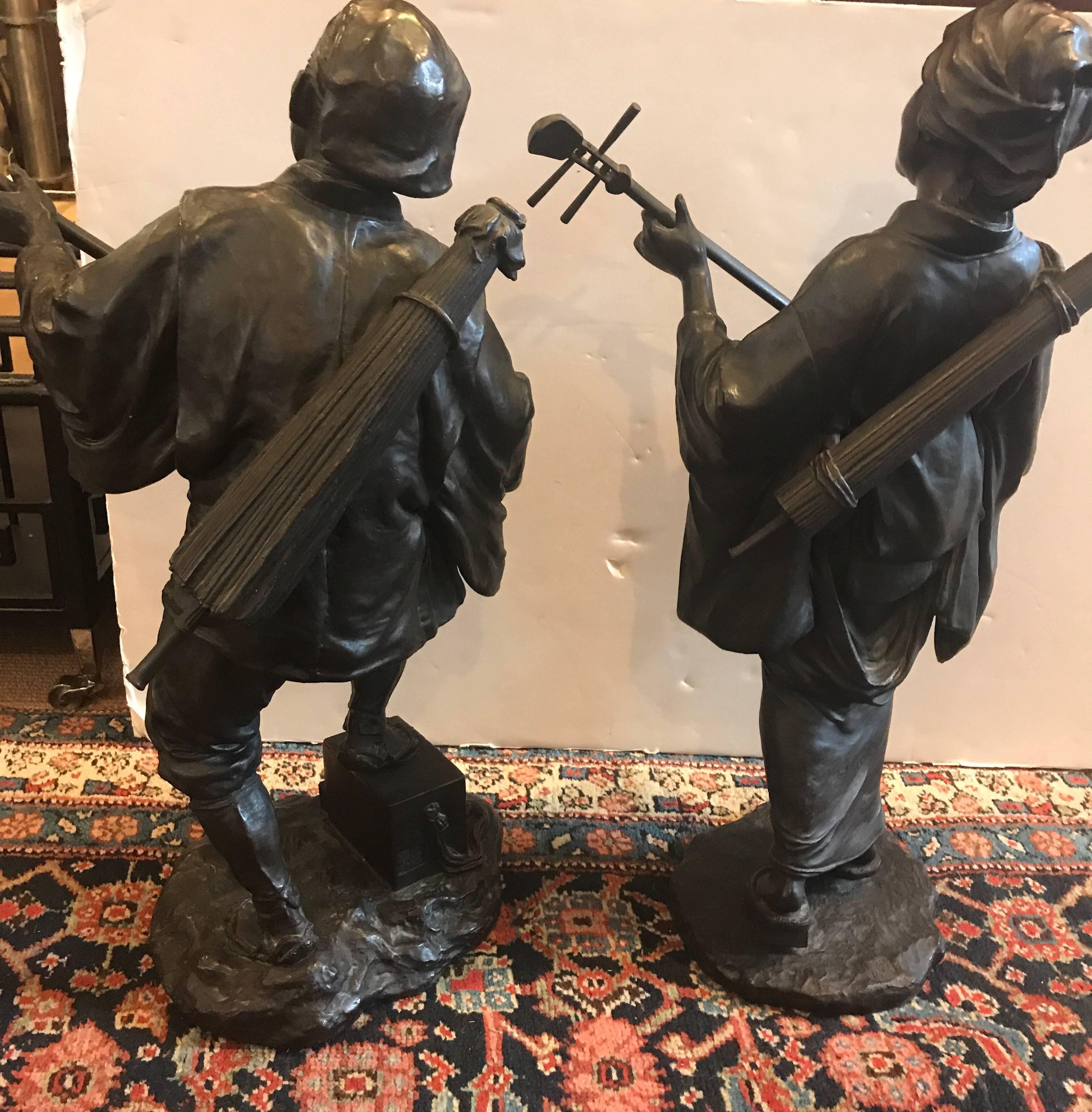 Large Pair of Japanese Bronze Musician Sculptures Meiji Period 1