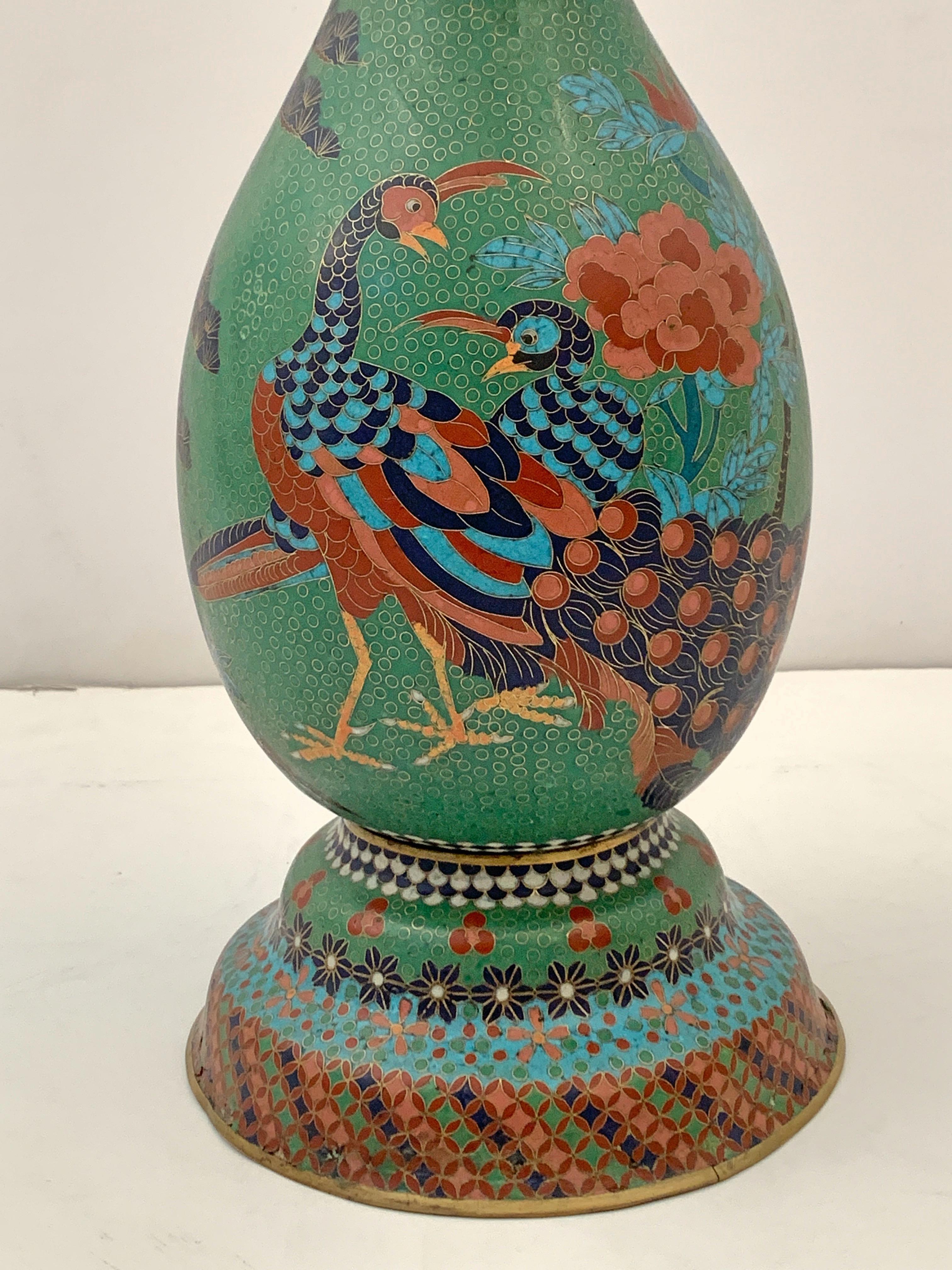 Large Pair of Japanese Cloisonne Peacock Vases Attributed to Kaji Tsunekichi 6