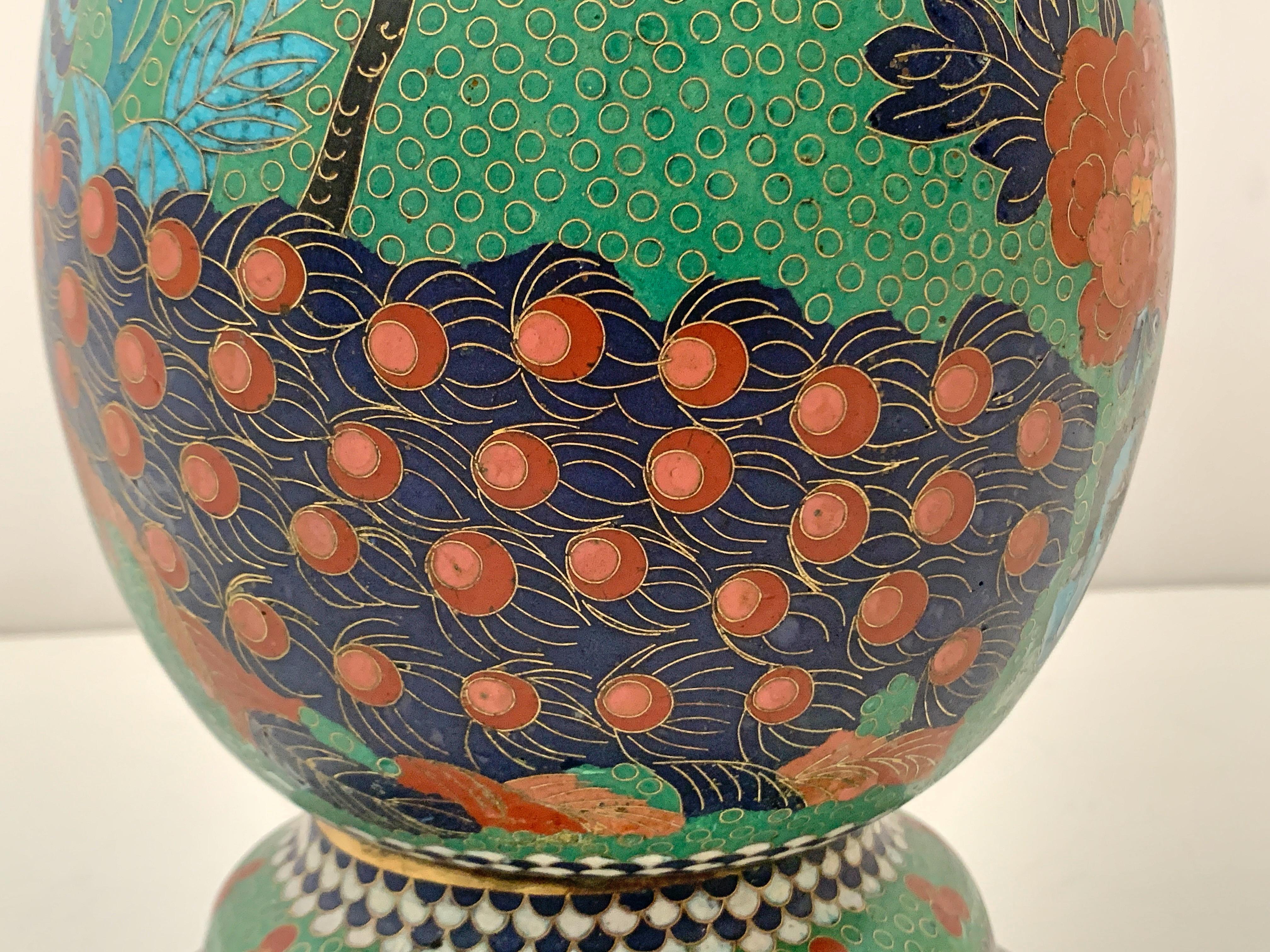 Large Pair of Japanese Cloisonne Peacock Vases Attributed to Kaji Tsunekichi 8
