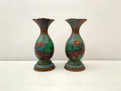 Large Pair of Japanese Cloisonne Peacock Vases Attributed to Kaji Tsunekichi