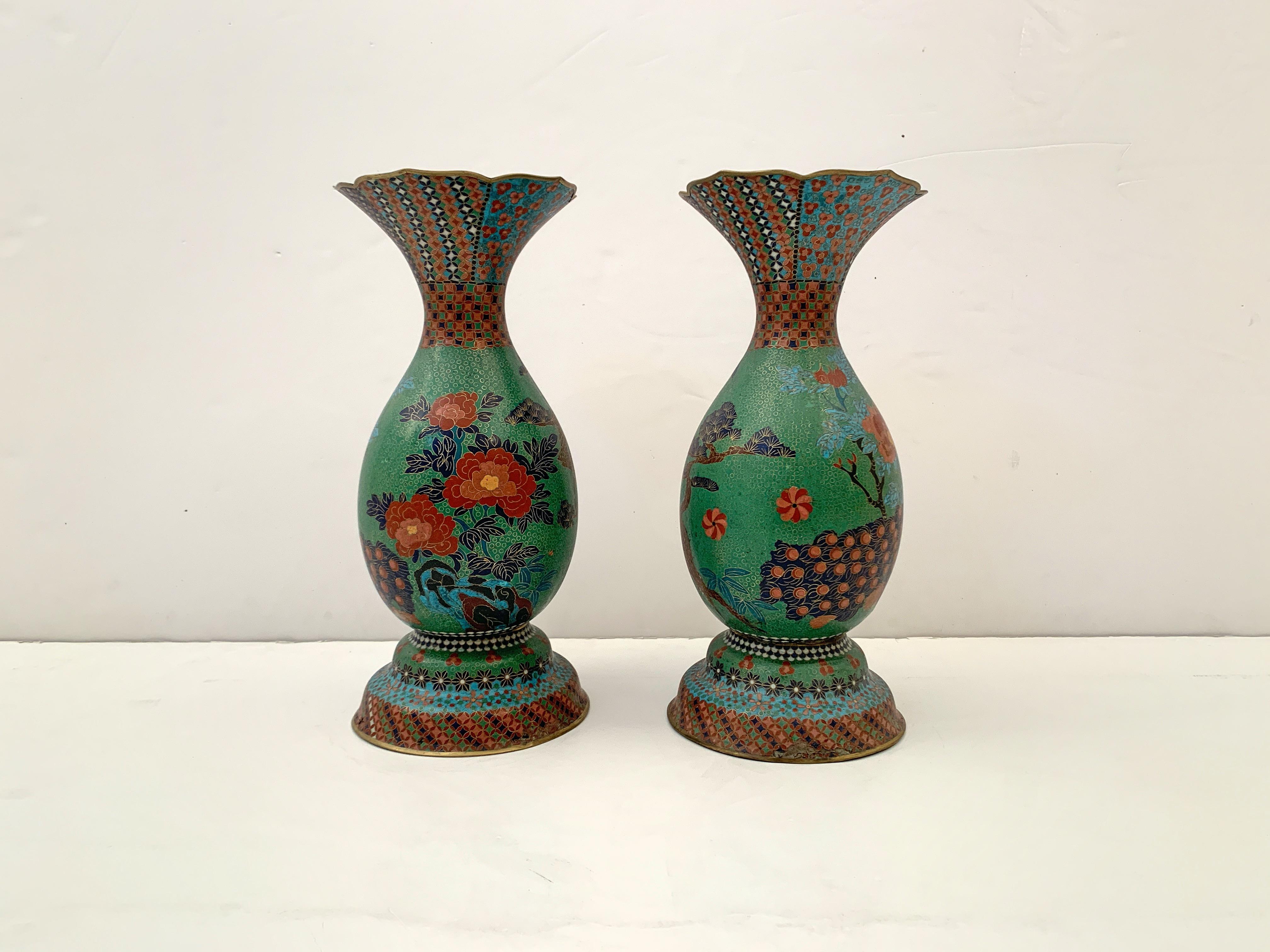 Meiji Large Pair of Japanese Cloisonne Peacock Vases Attributed to Kaji Tsunekichi