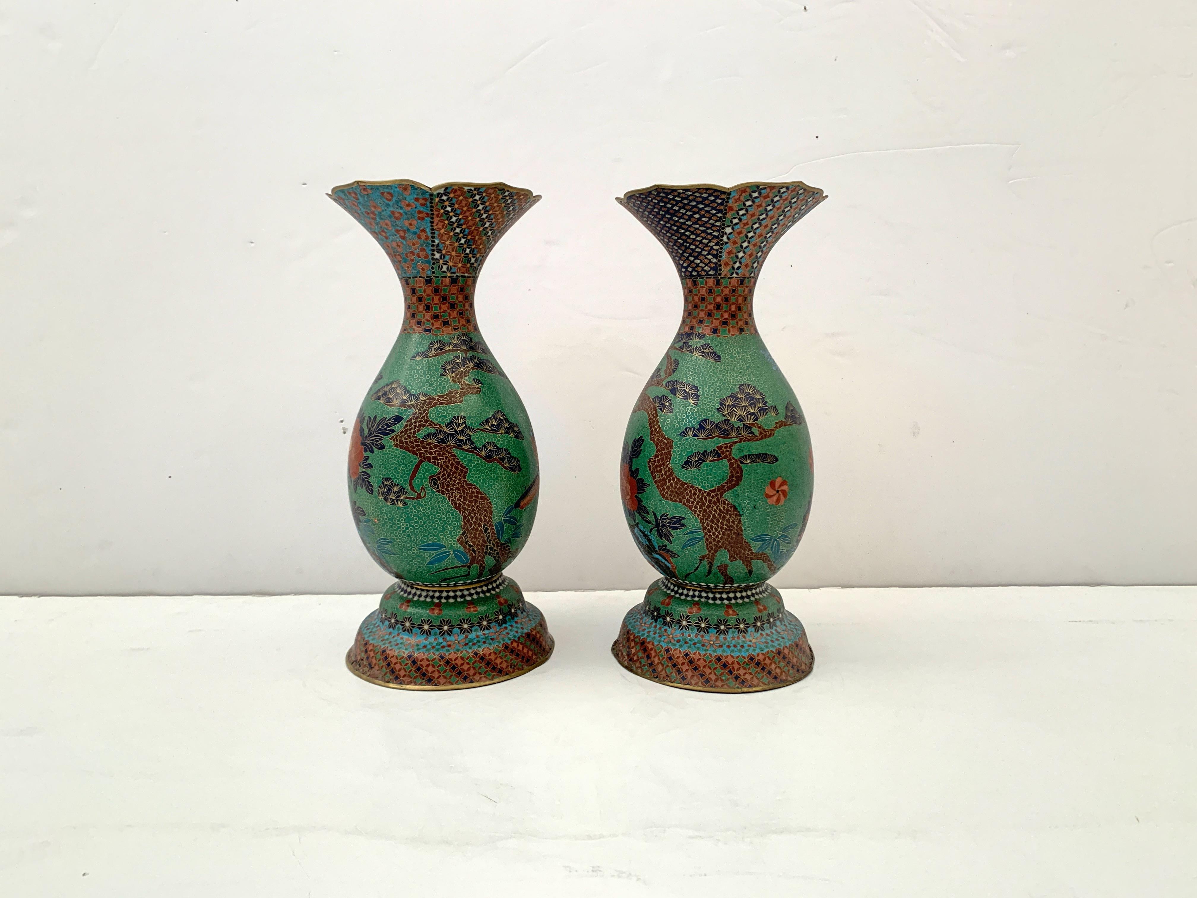 Cloissoné Large Pair of Japanese Cloisonne Peacock Vases Attributed to Kaji Tsunekichi