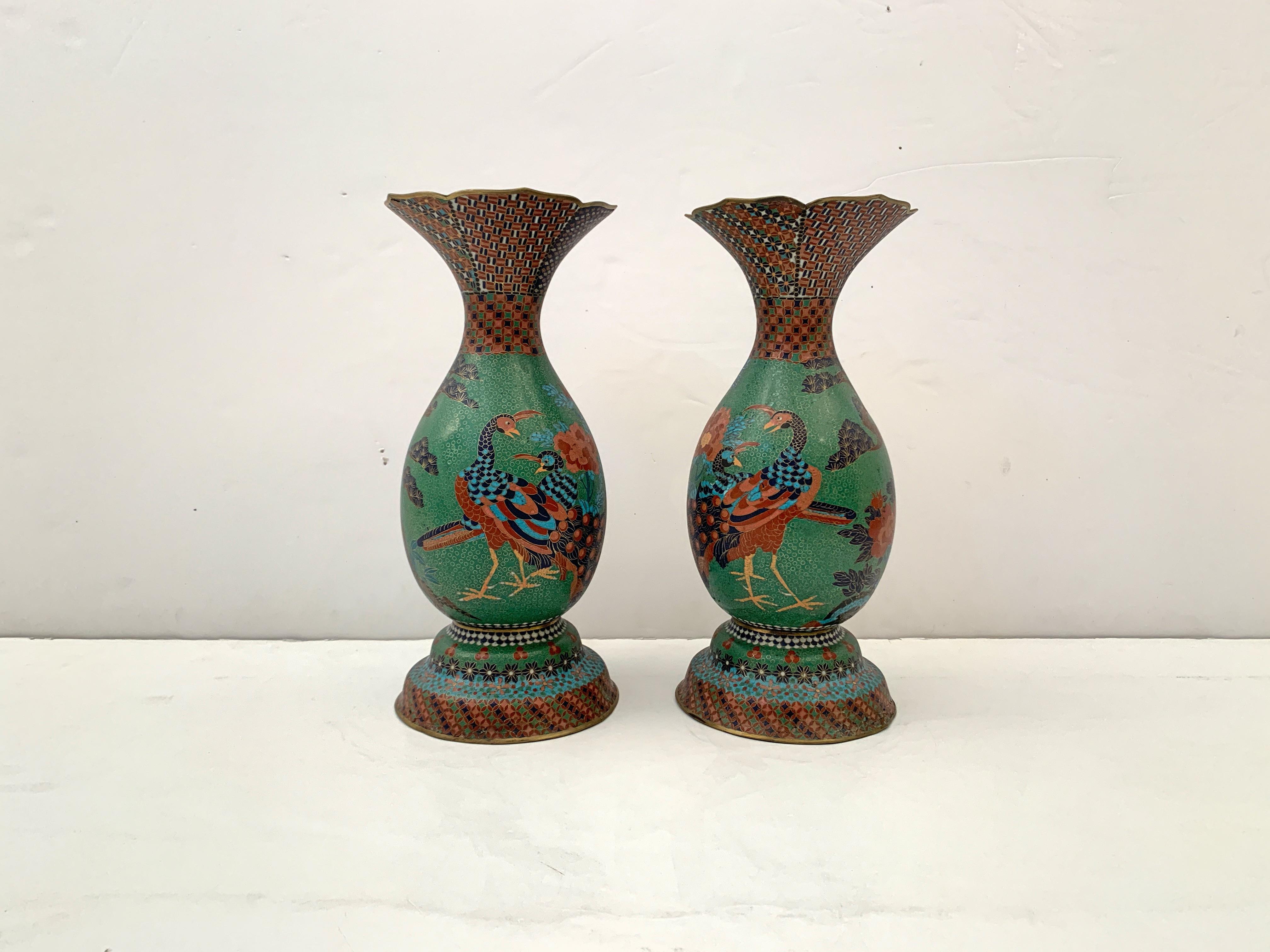 Large Pair of Japanese Cloisonne Peacock Vases Attributed to Kaji Tsunekichi In Fair Condition In Austin, TX