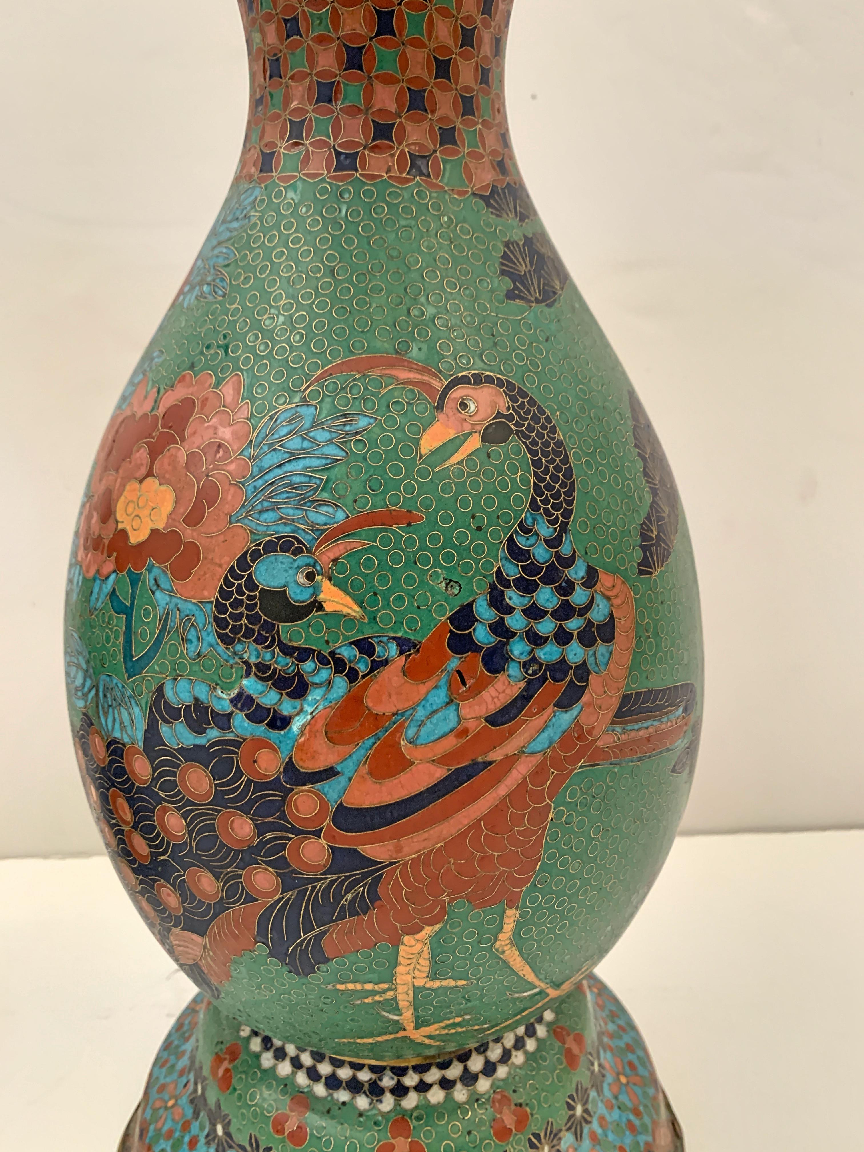 19th Century Large Pair of Japanese Cloisonne Peacock Vases Attributed to Kaji Tsunekichi