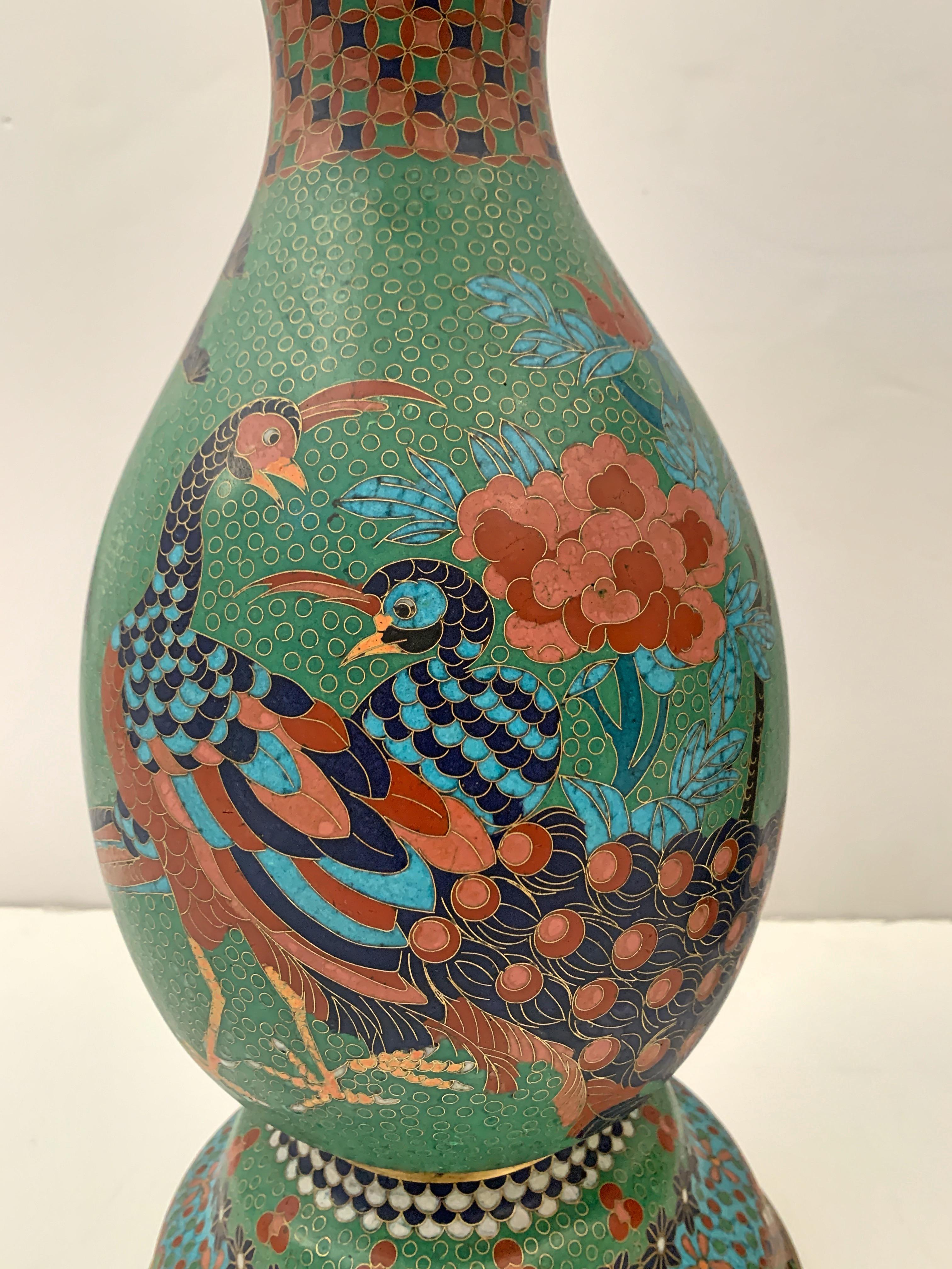 Copper Large Pair of Japanese Cloisonne Peacock Vases Attributed to Kaji Tsunekichi