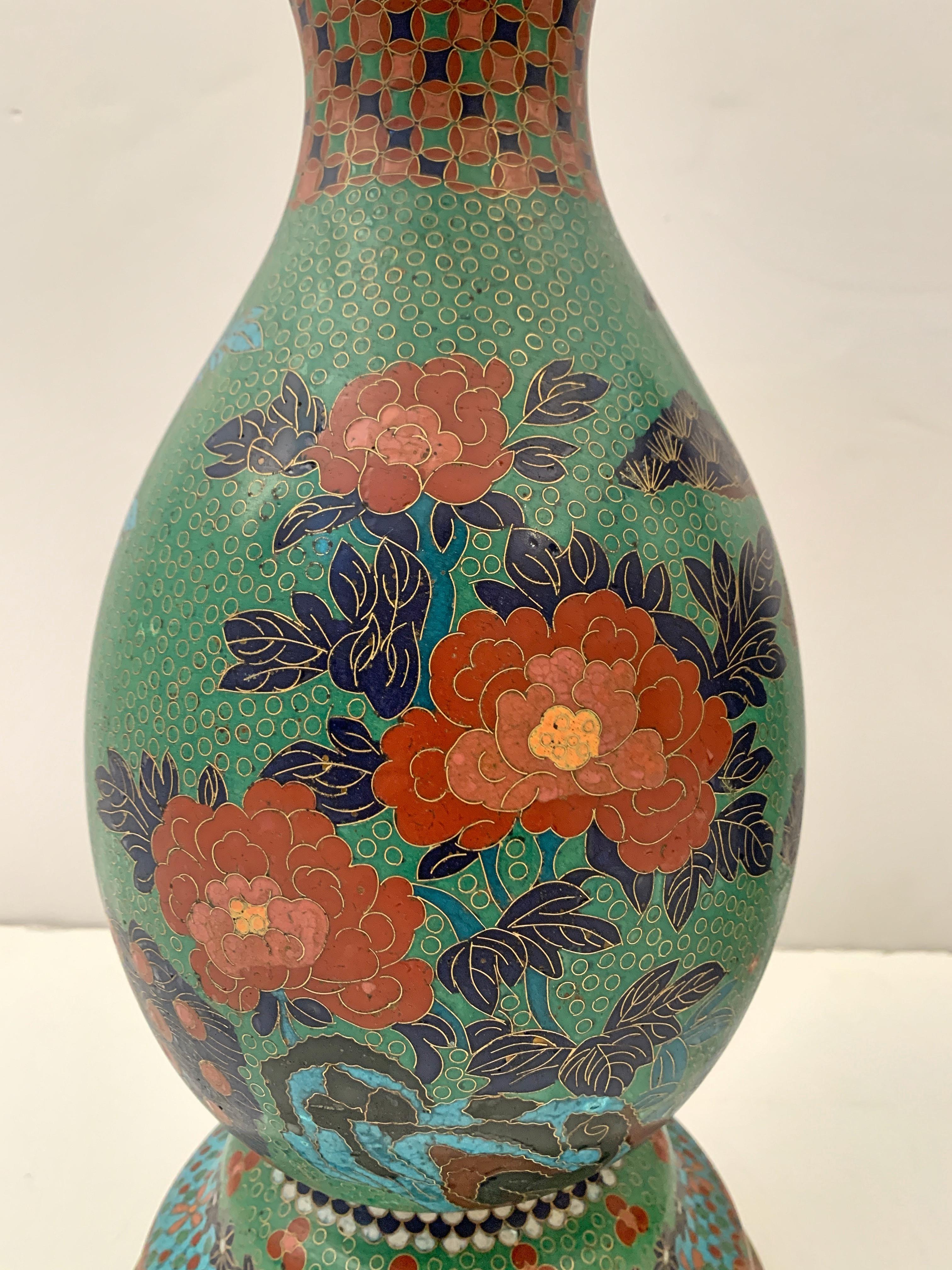 Large Pair of Japanese Cloisonne Peacock Vases Attributed to Kaji Tsunekichi 1