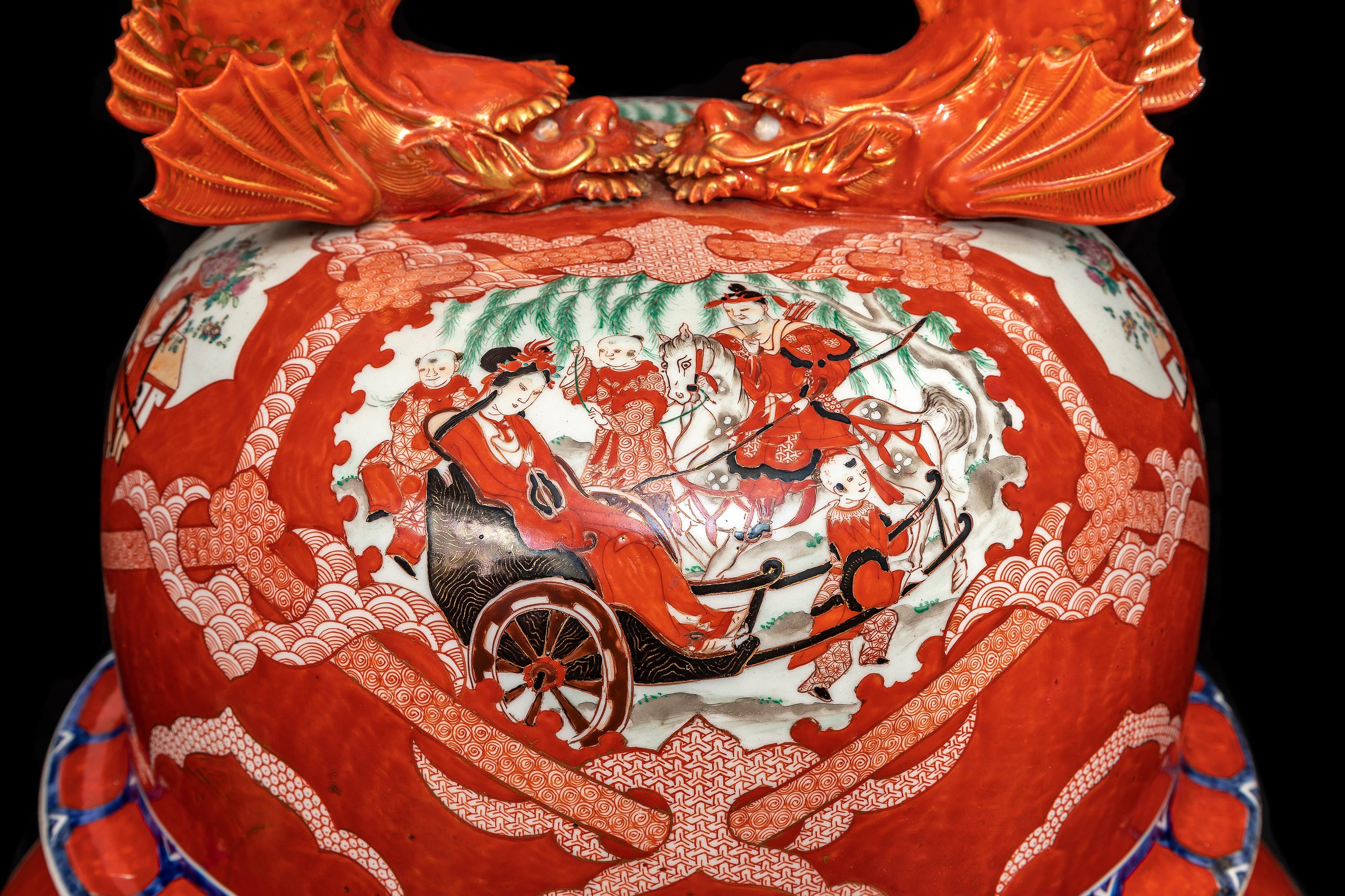 Large Pair Japanese Coral Ground Imari Covered Vases on Stands, Getty Collection For Sale 3