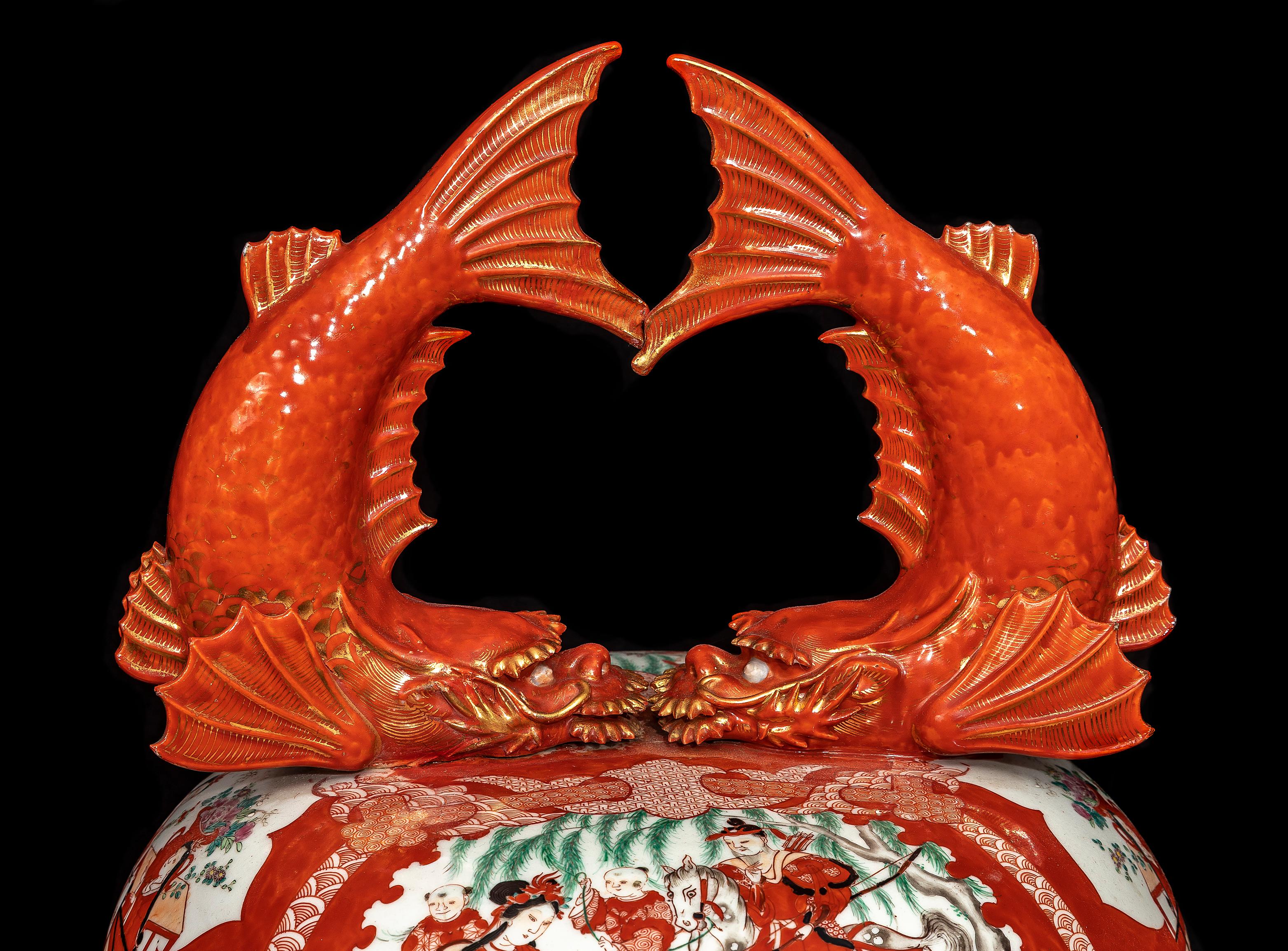 Large Pair Japanese Coral Ground Imari Covered Vases on Stands, Getty Collection For Sale 4