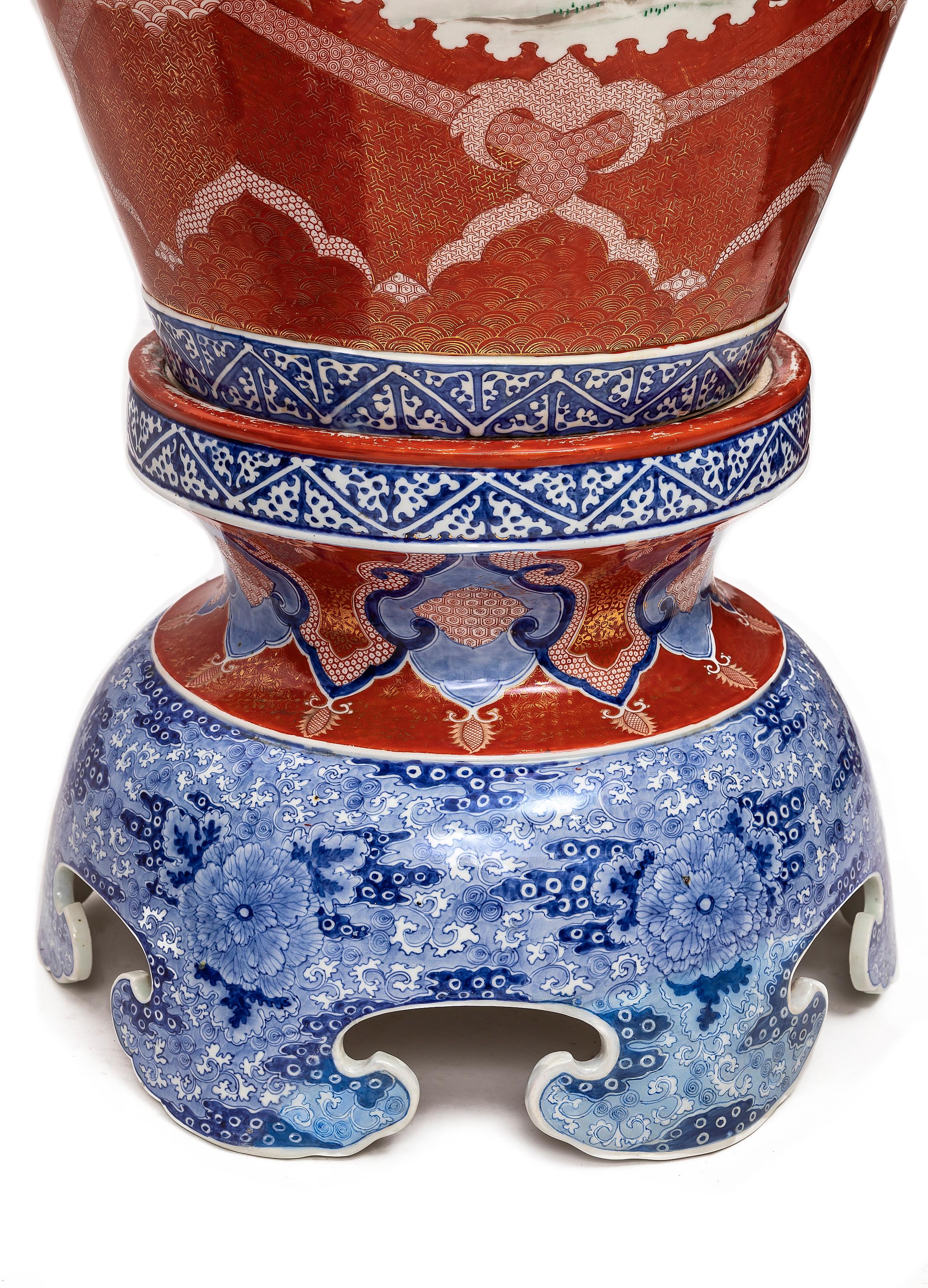 Large Pair Japanese Coral Ground Imari Covered Vases on Stands, Getty Collection For Sale 6