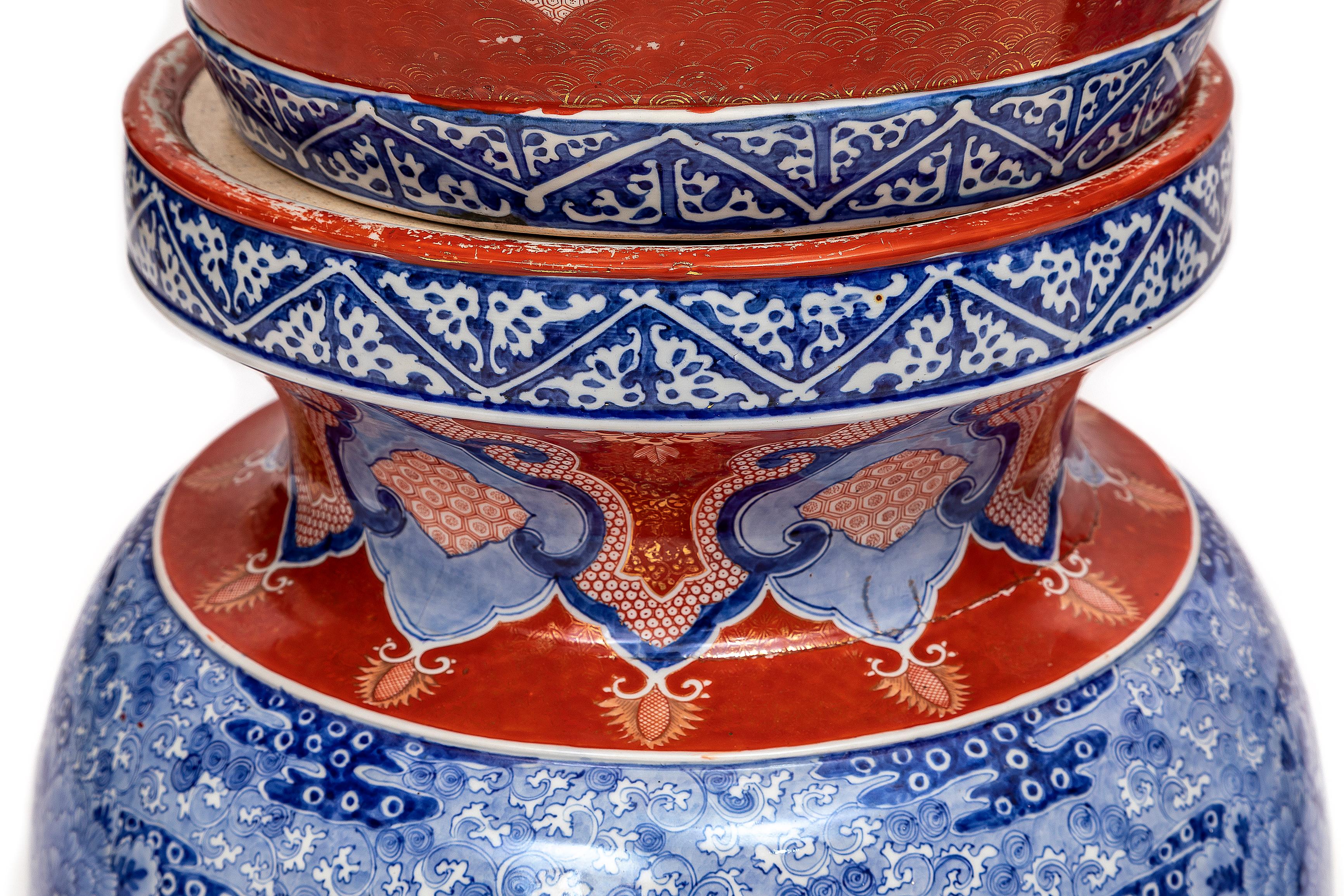 Large Pair Japanese Coral Ground Imari Covered Vases on Stands, Getty Collection For Sale 8