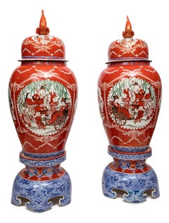 Large Pair Japanese Coral Ground Imari Covered Vases on Stands, Getty Collection