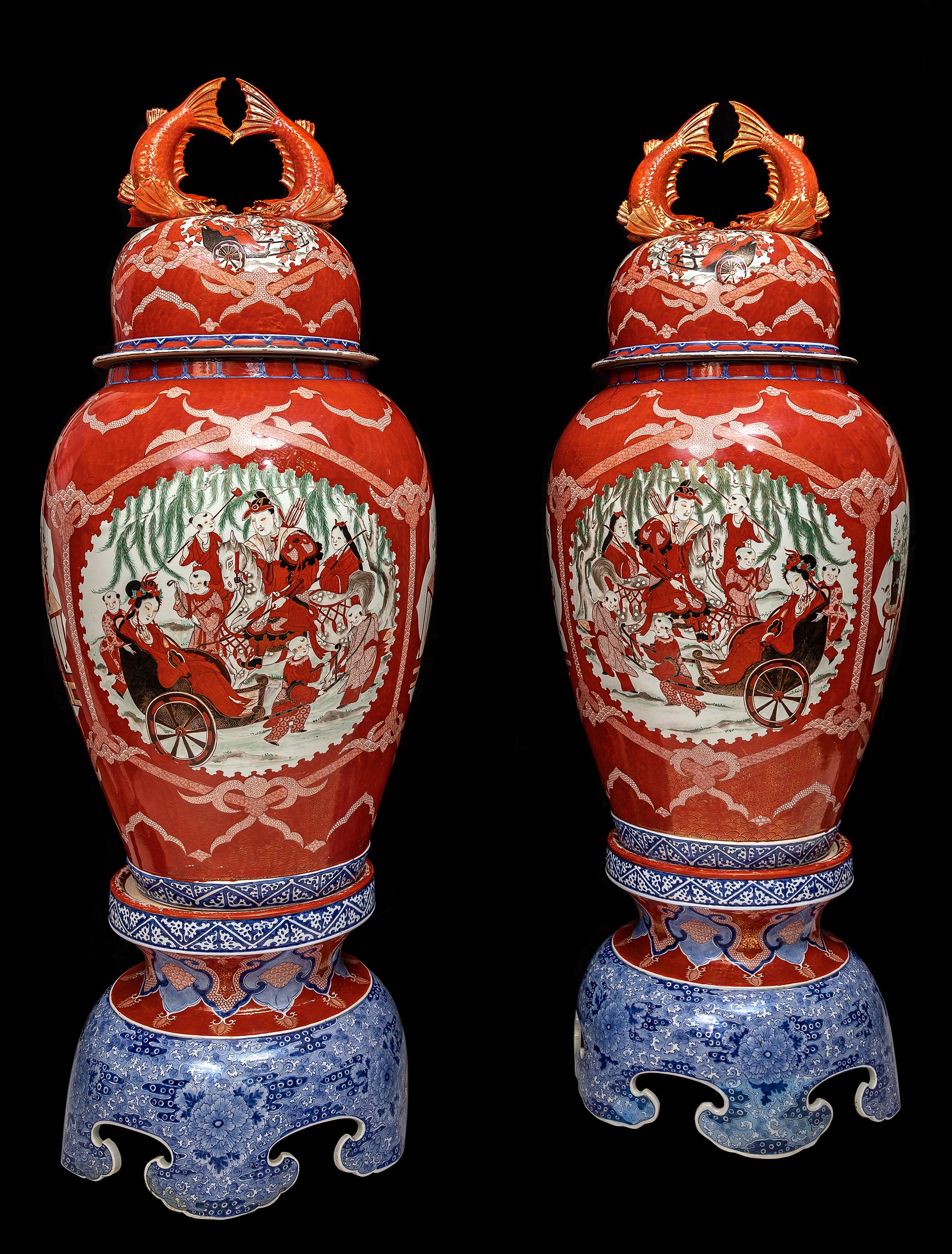 Meiji Large Pair Japanese Coral Ground Imari Covered Vases on Stands, Getty Collection For Sale