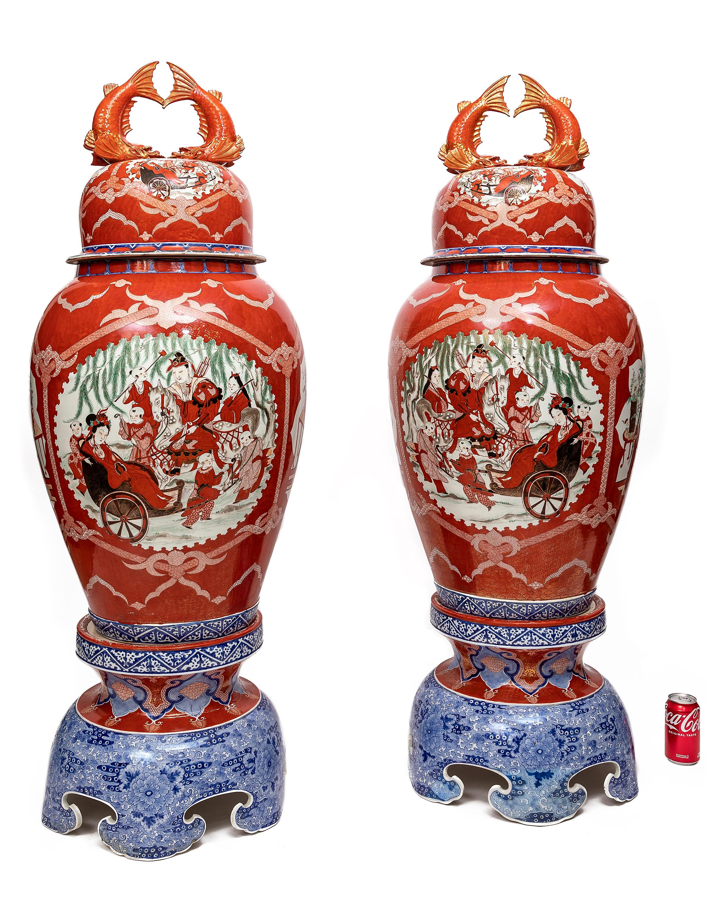 Enameled Large Pair Japanese Coral Ground Imari Covered Vases on Stands, Getty Collection For Sale