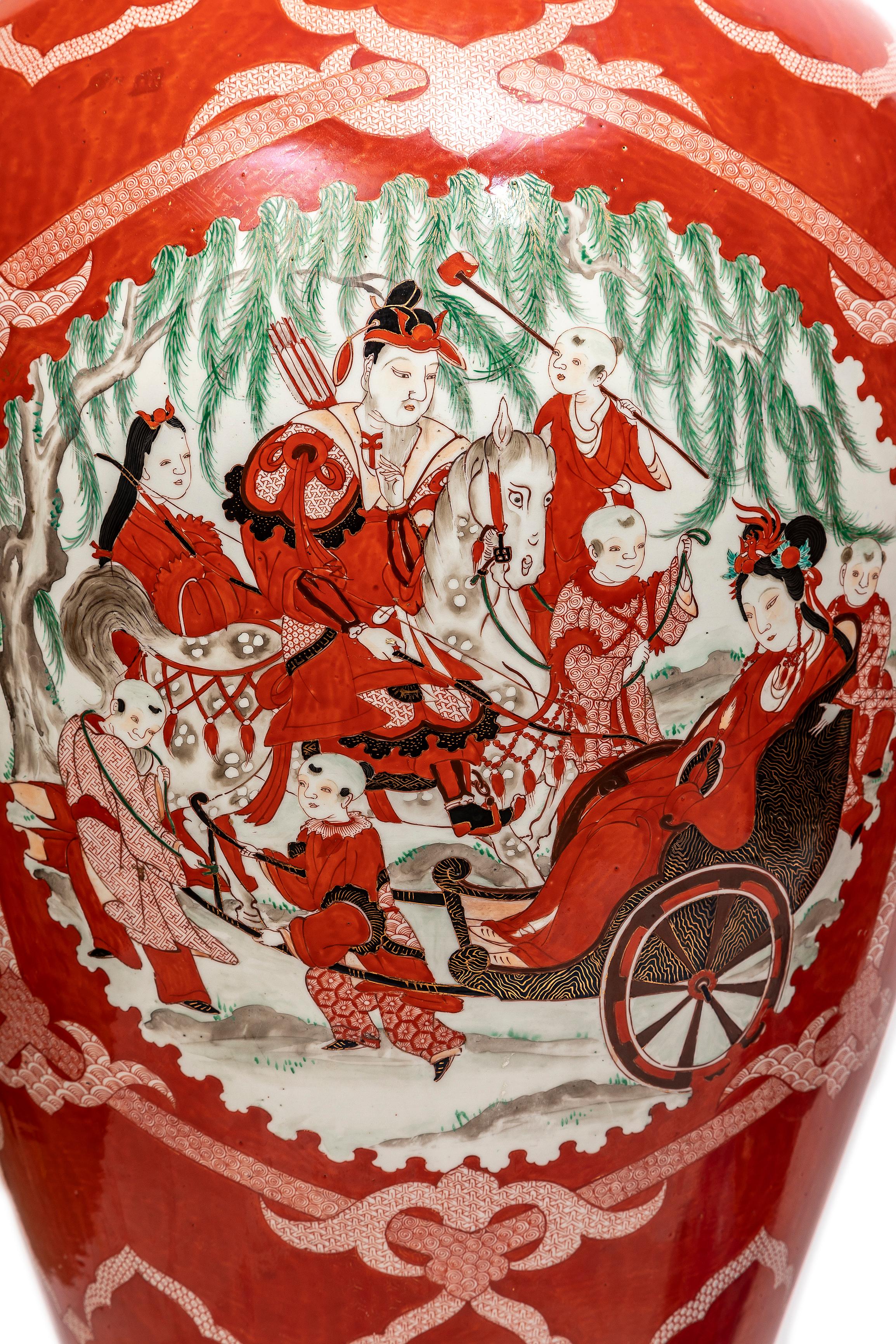Large Pair Japanese Coral Ground Imari Covered Vases on Stands, Getty Collection In Good Condition For Sale In New York, NY