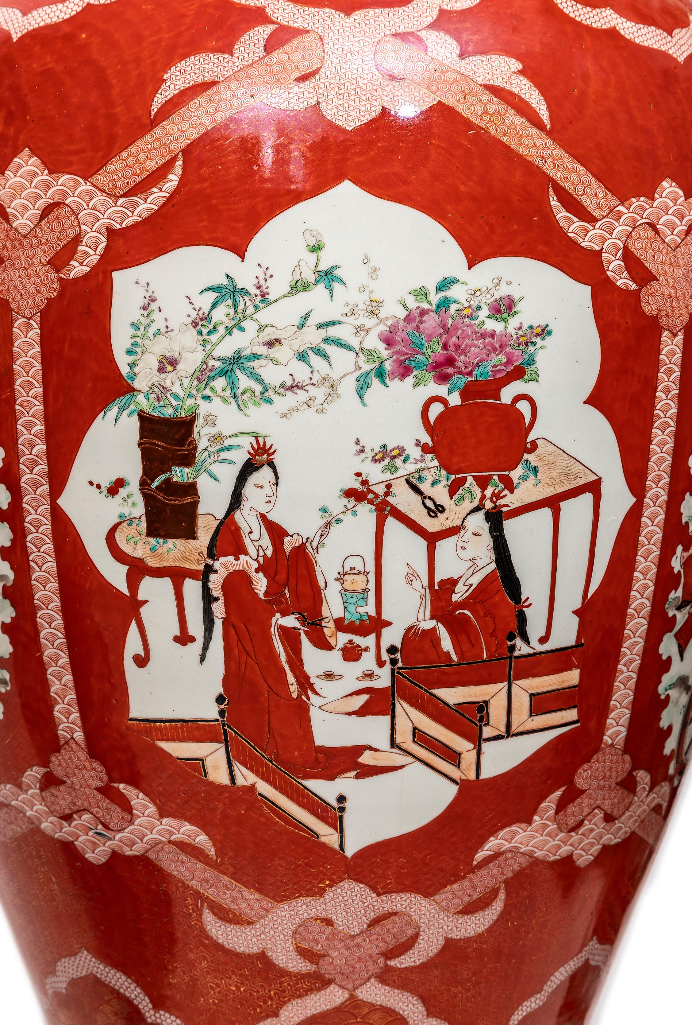 Late 19th Century Large Pair Japanese Coral Ground Imari Covered Vases on Stands, Getty Collection For Sale