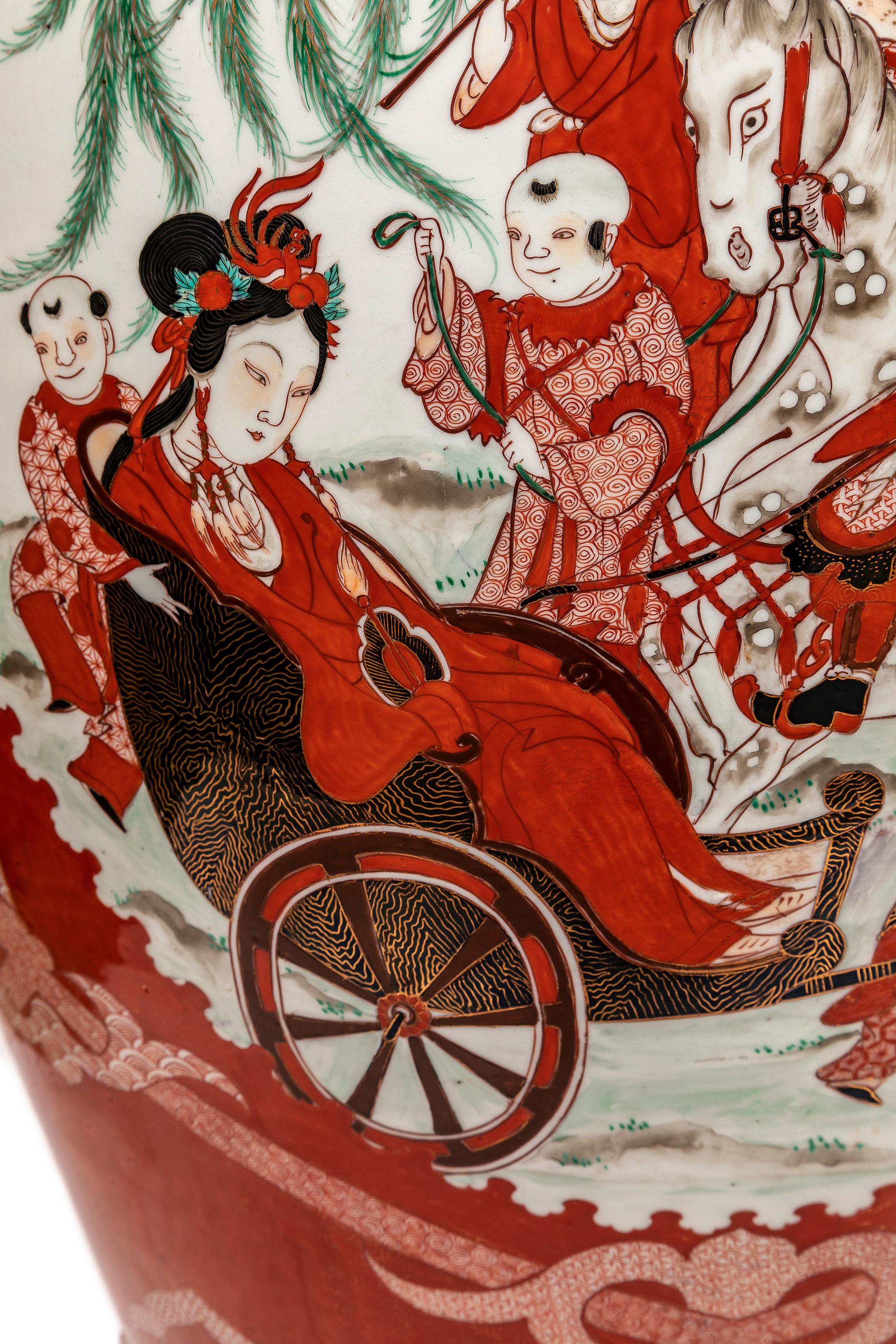 Large Pair Japanese Coral Ground Imari Covered Vases on Stands, Getty Collection For Sale 2