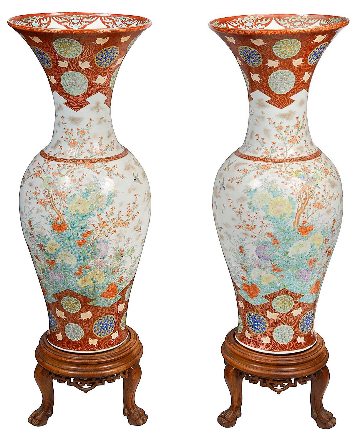 Porcelain Large pair Japanese Fukagawa porcelain vases on stands, circa 1890. For Sale
