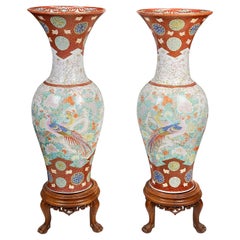 Antique Large pair Japanese Fukagawa porcelain vases on stands, circa 1890.