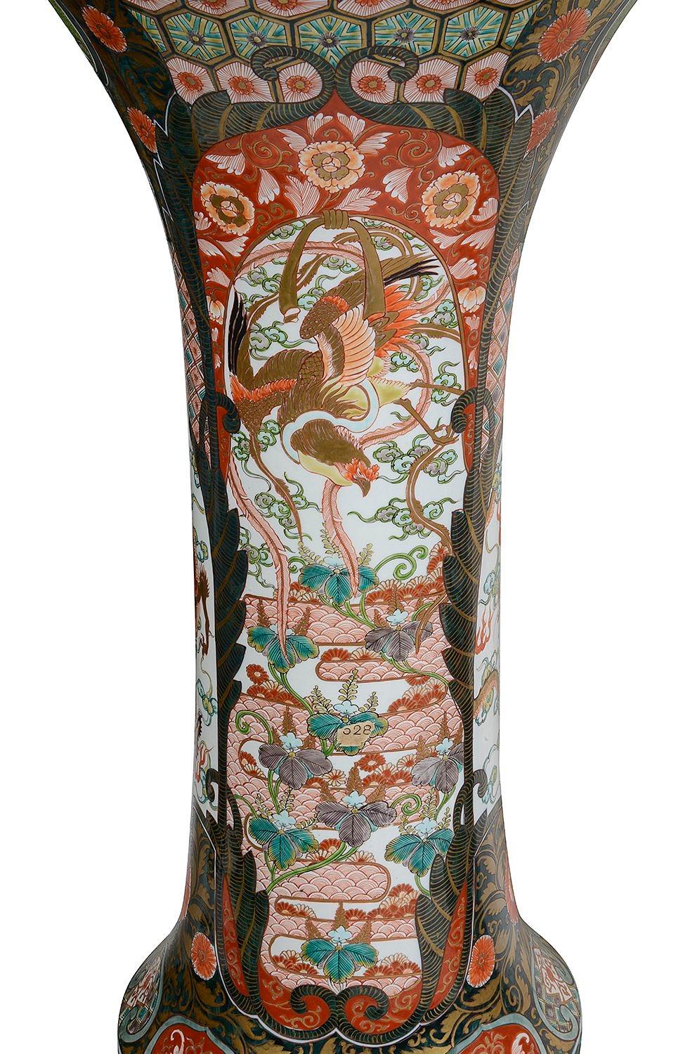 Porcelain Large pair Japanese Imari Spill vases, C19th, 93cm high For Sale
