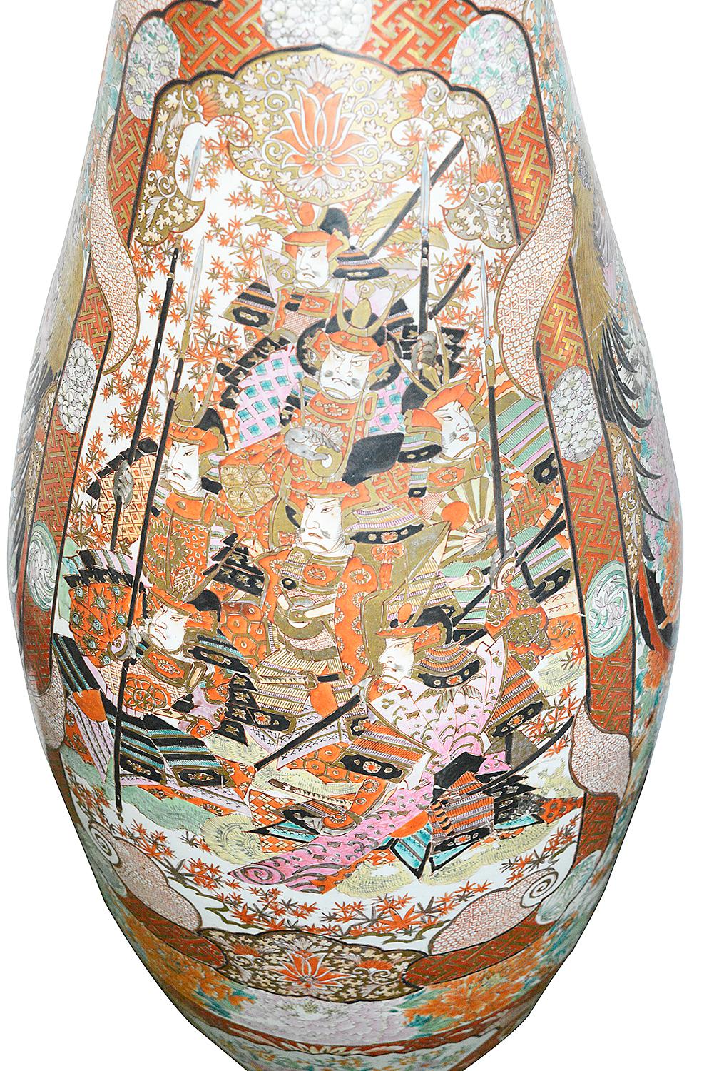 Hand-Painted Large Pair Japanese Kutani Vases, circa 1900 For Sale