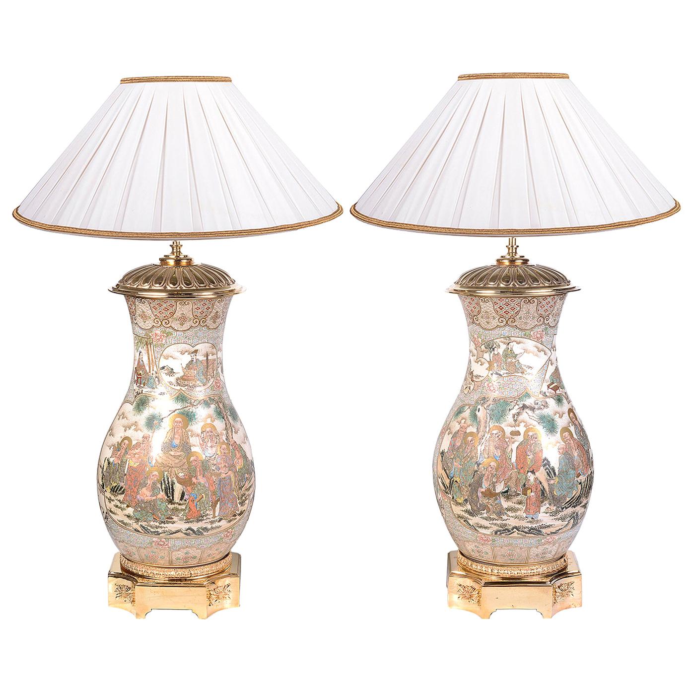 Pair of Japanese Satsuma Moriage Double Sided Hand Painted Vase Lamps