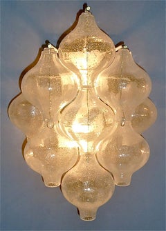 Large Pair of Kalmar Tulipan Wall Lights Sconces Murano Glass White Brass, 1960s